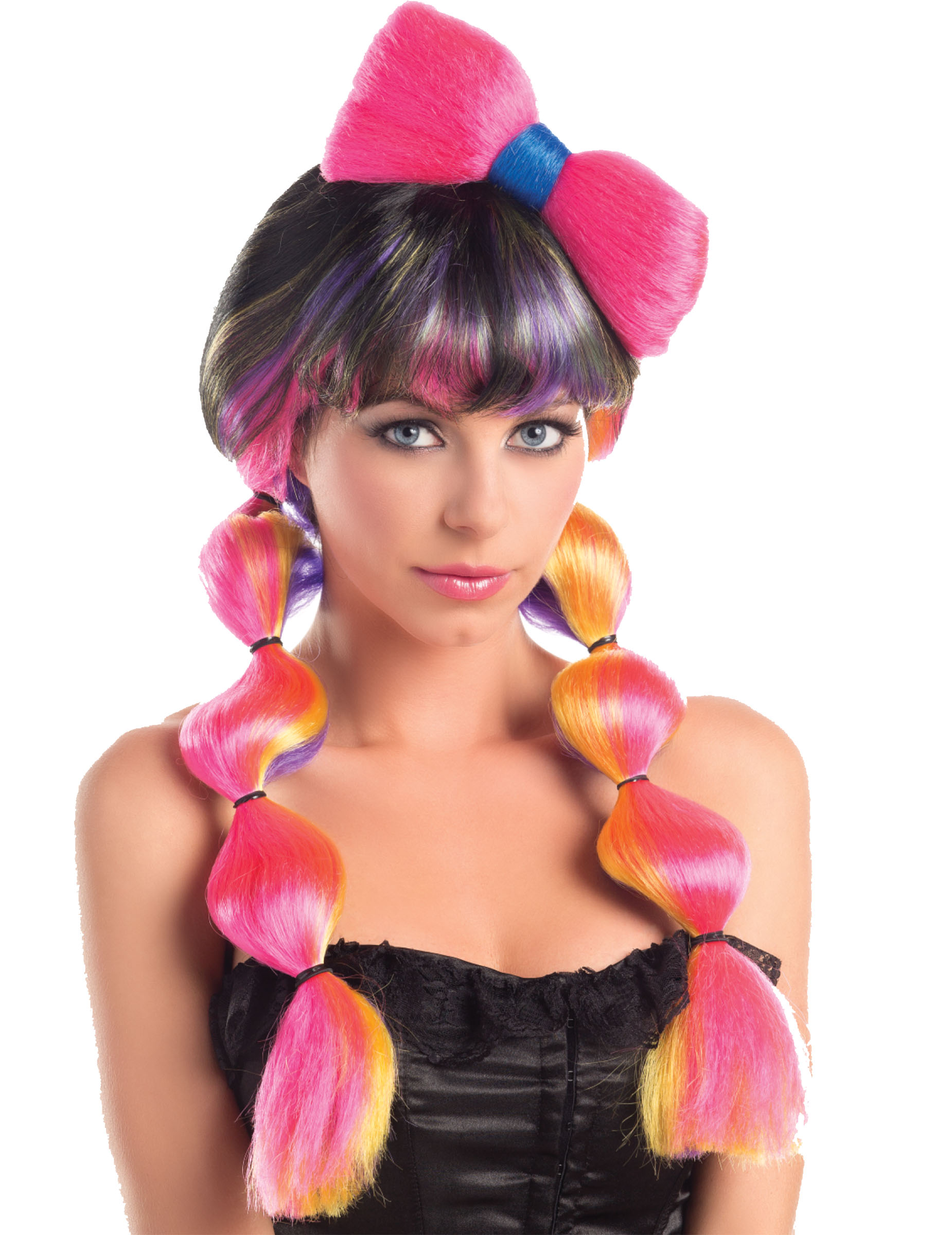 Perruque multicolore couettes et noeud femme - 258g