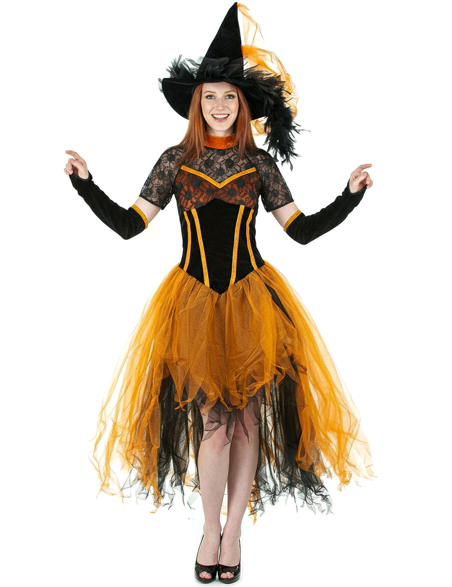 Déguisement sorcière dentellée orange femme Halloween