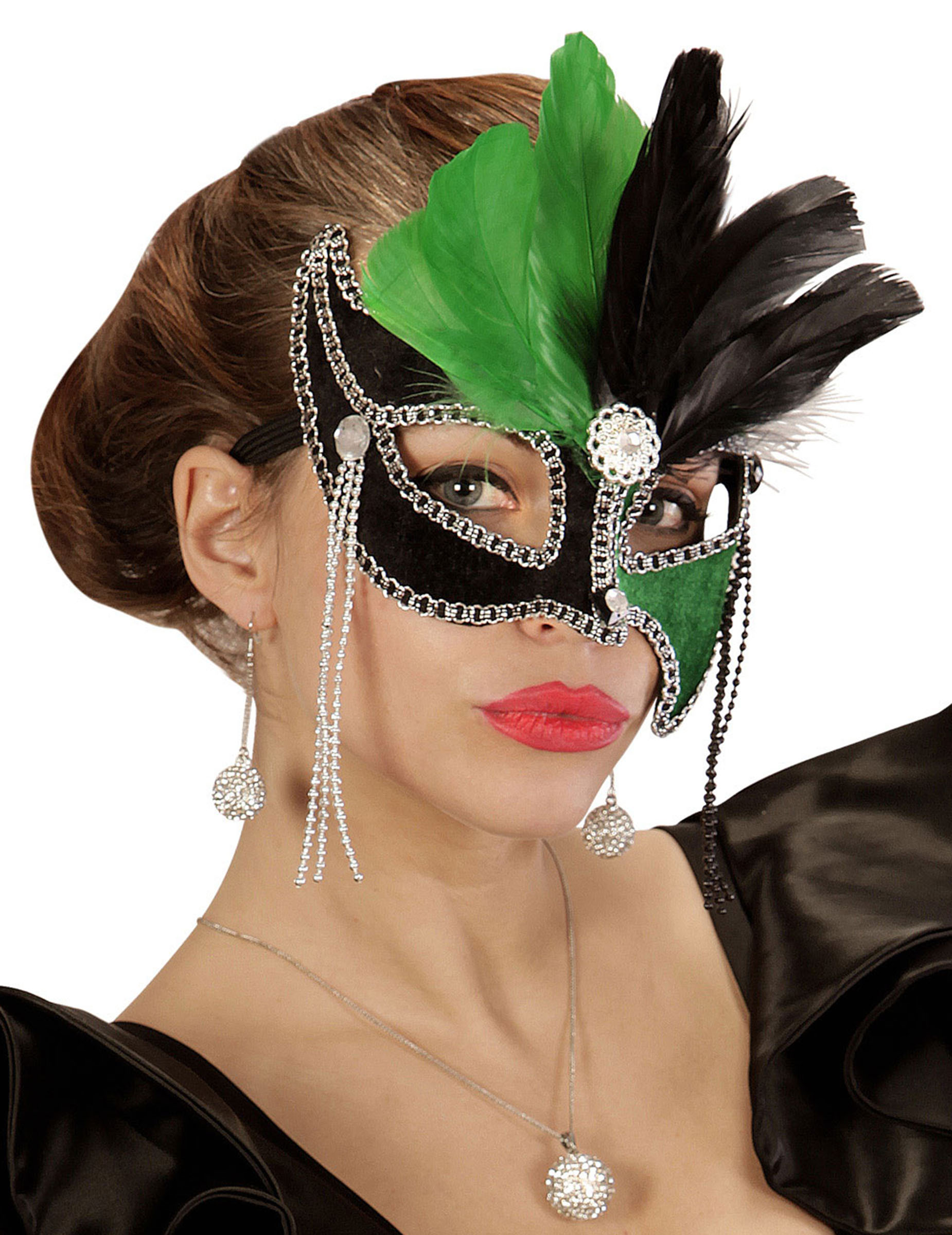 Loup bicolore vert et noir avec plumes femme