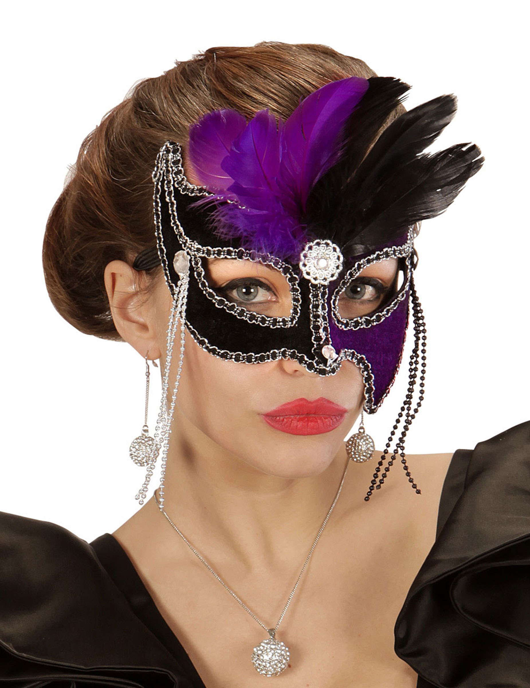 Loup bicolore violet et noir avec plumes femme