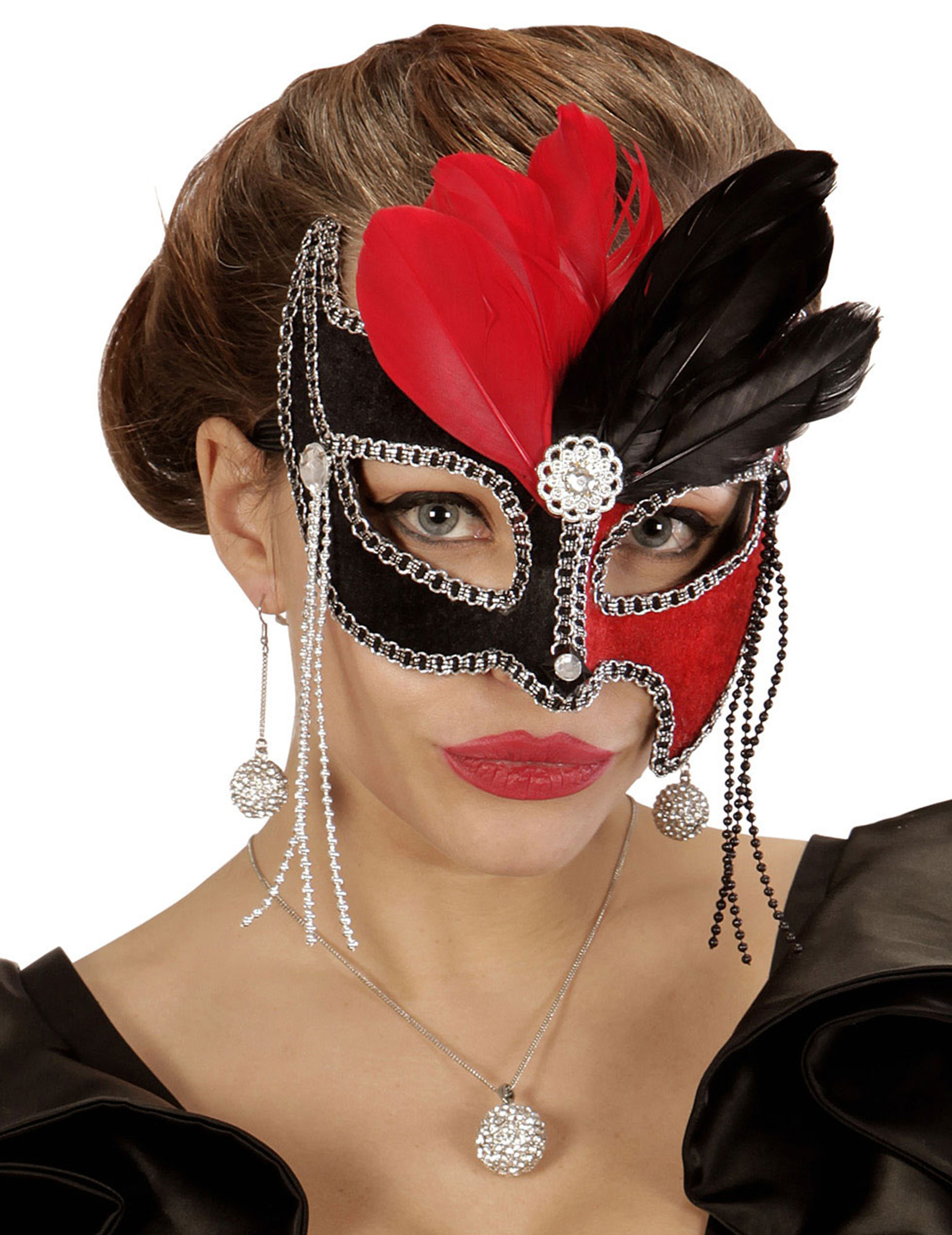 Loup bicolore rouge et noir avec plumes femme