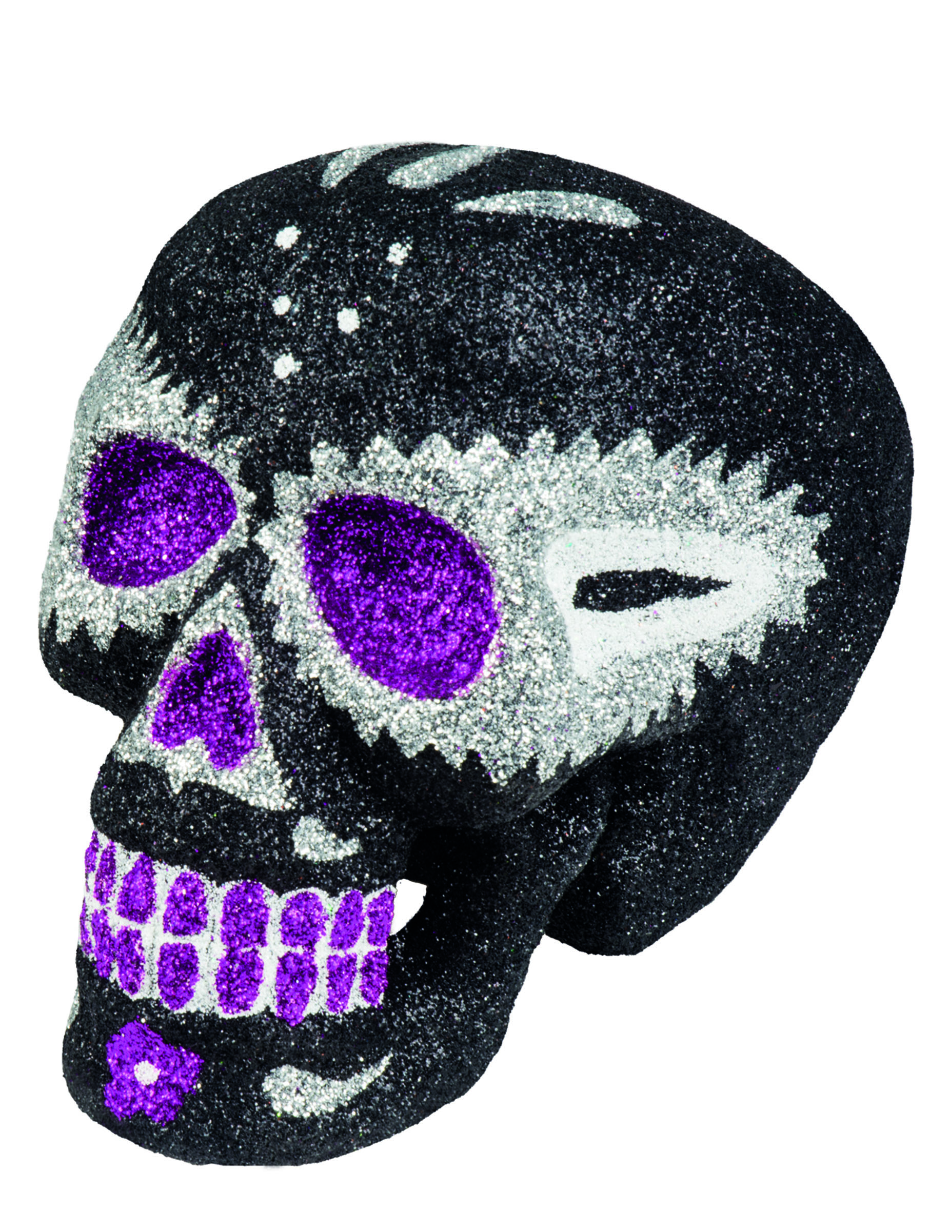 Décoration tête de mort noire scintillante 16 X 13 cm Dia de los muertos
