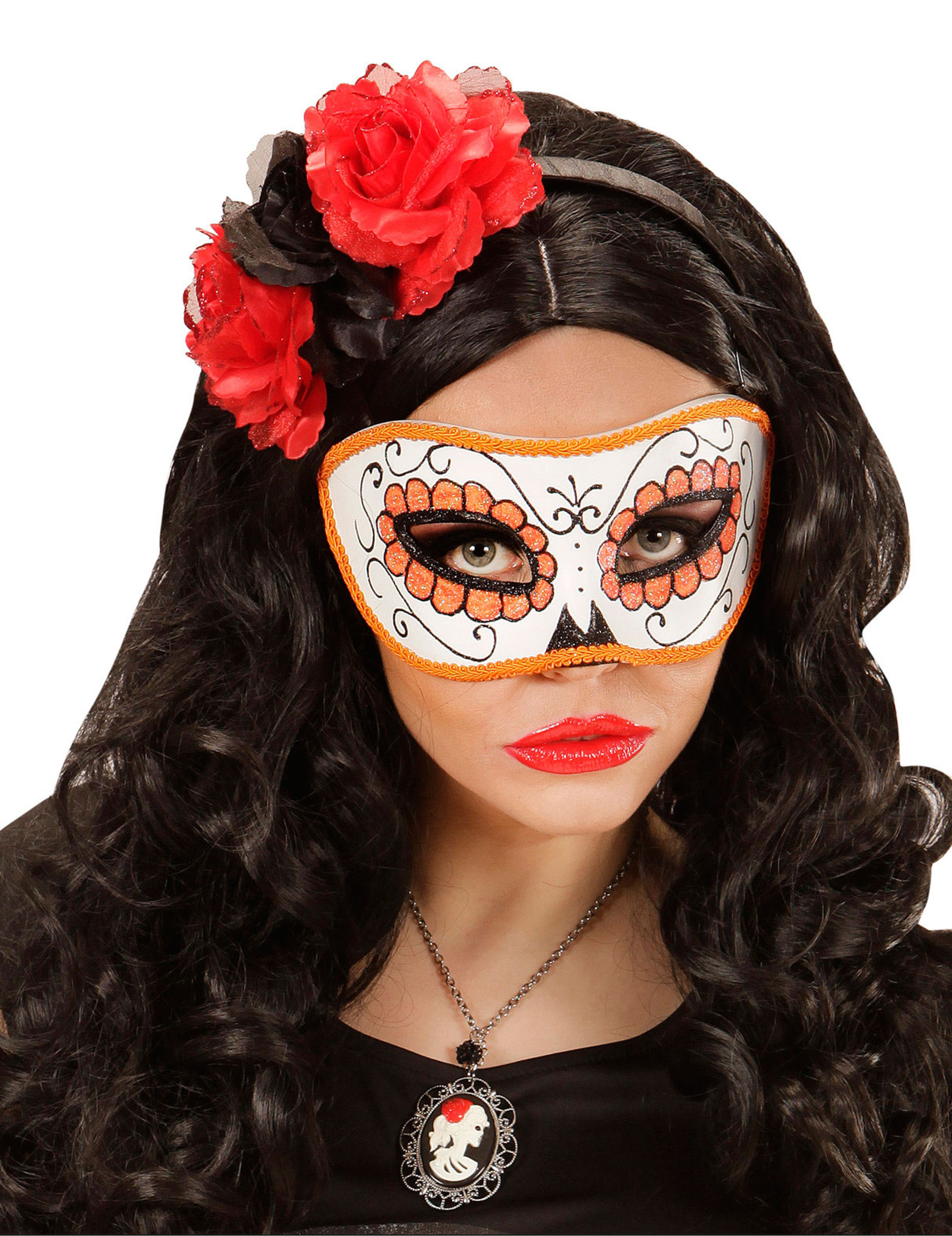 Loup coloré orange pailletté adulte Dia de los muertos