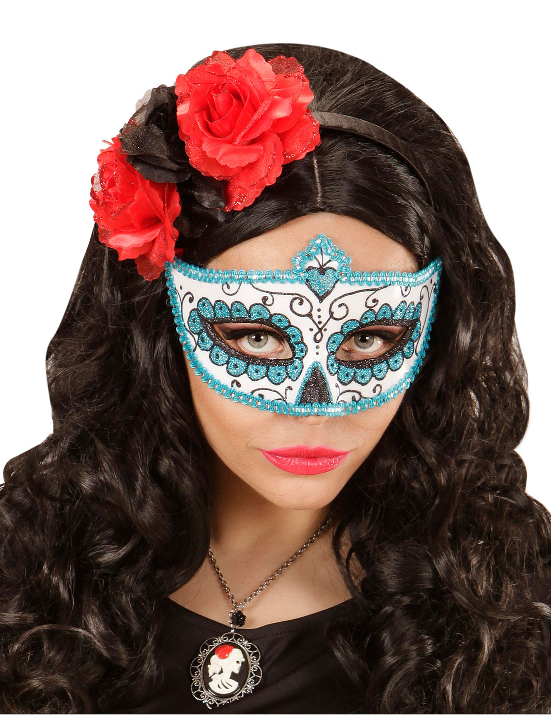 Loup coloré bleu pailletté adulte Dia de los muertos