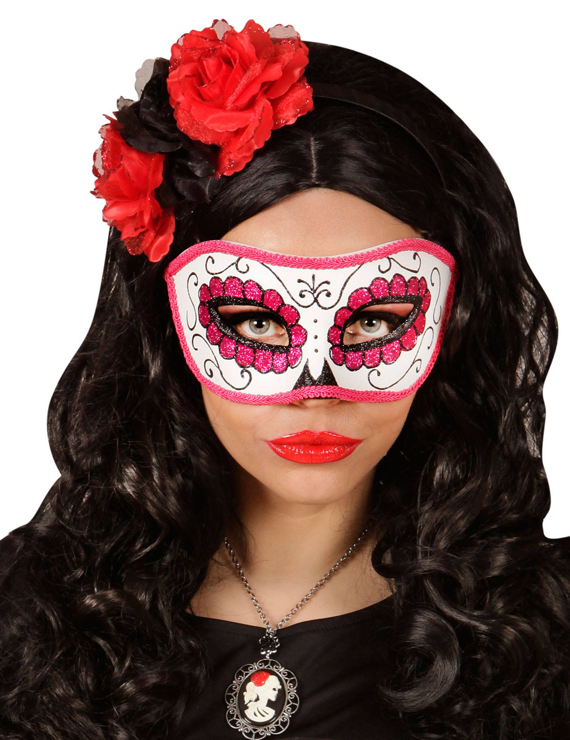 Loup coloré rose pailletté adulte Dia de los muertos