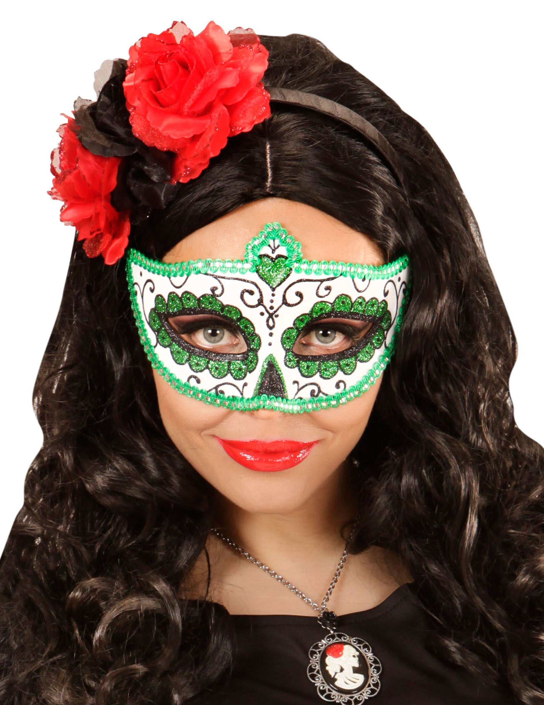 Loup coloré vert pailletté adulte Dia de los muertos