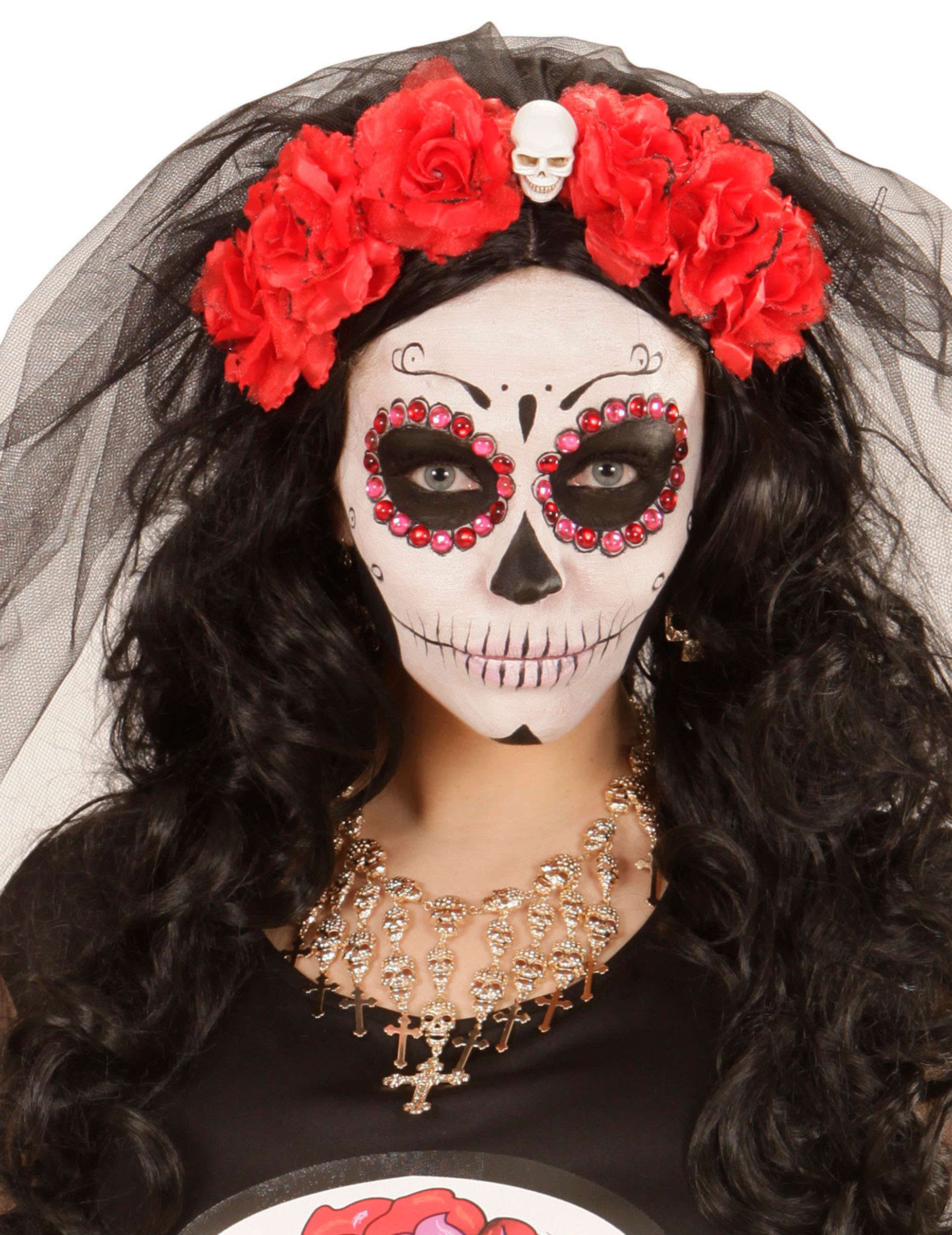 Collier crânes et croix dorés femme Halloween