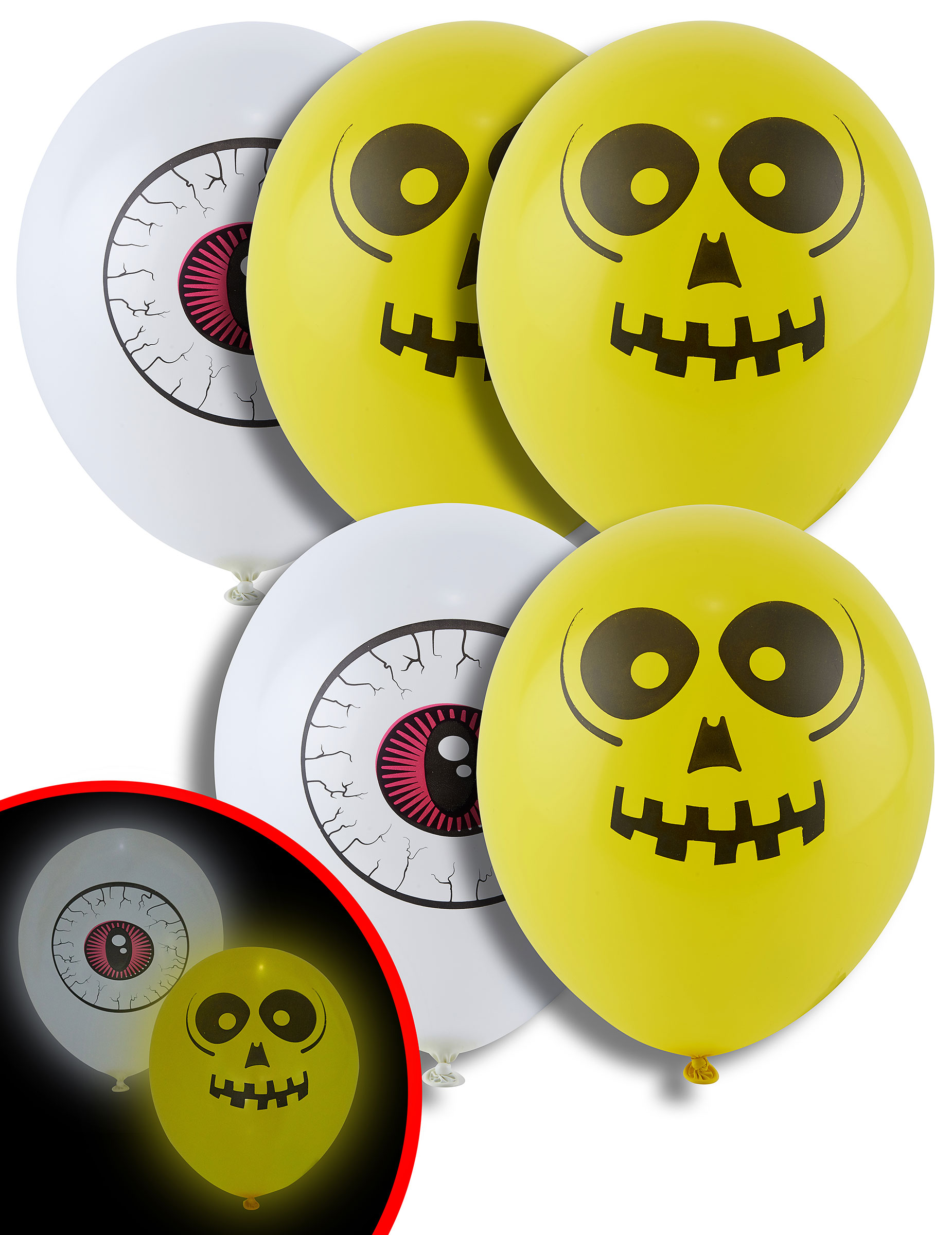 5 Ballons oeil et crâne LED 21 cm Halloween