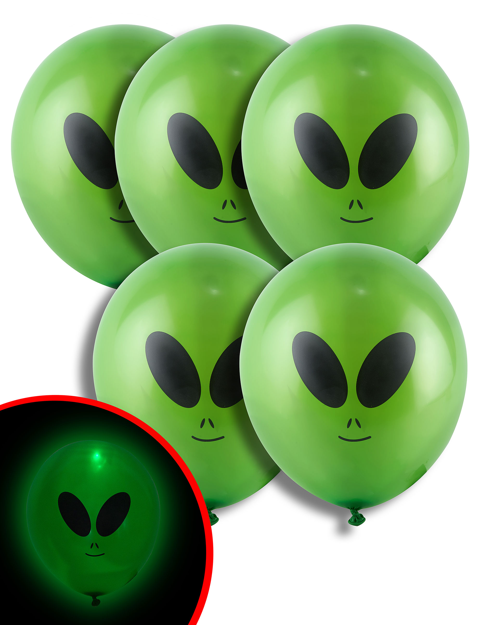 5 Ballons alien LED 21 cm Halloween