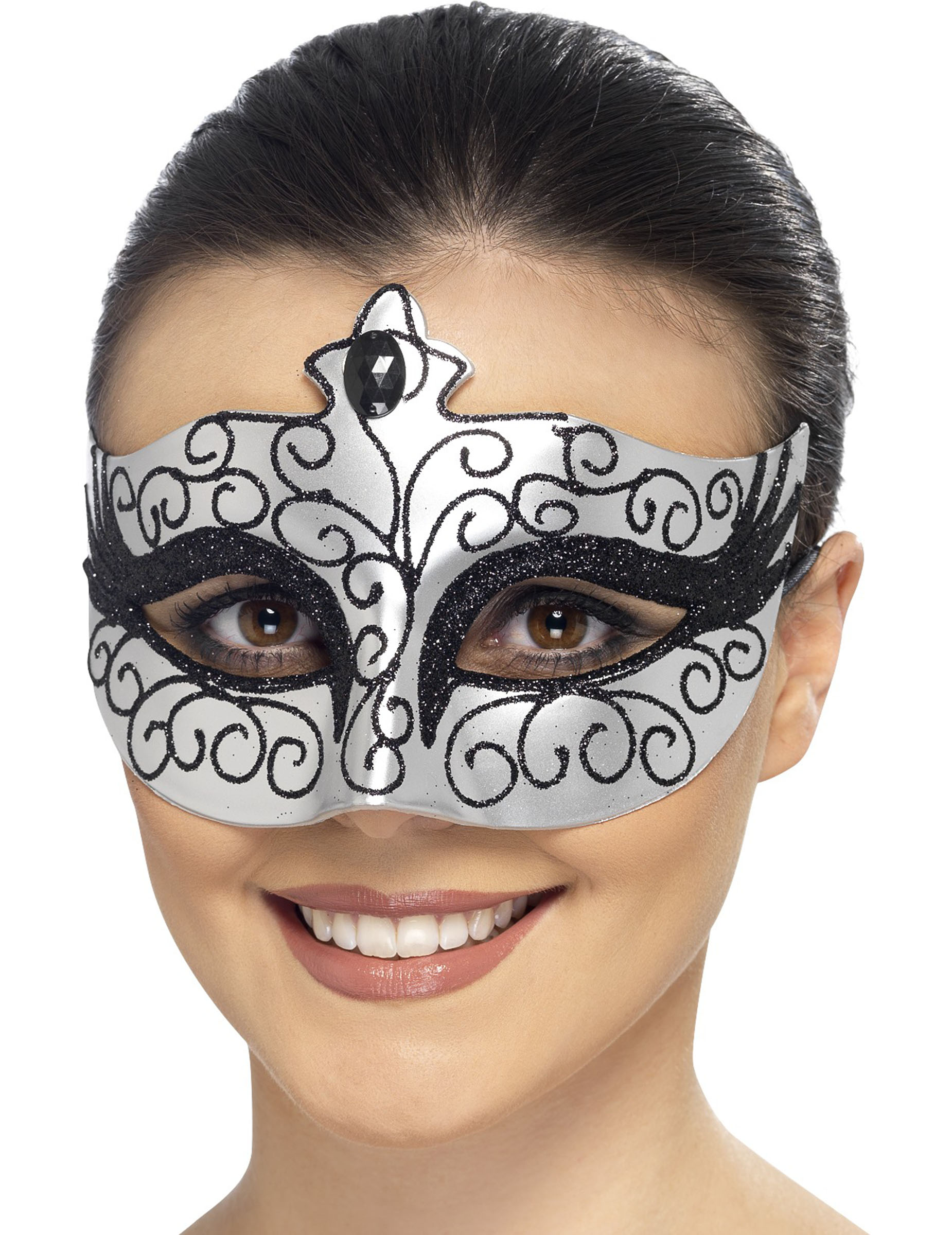 Masque cygne argent avec paillettes noires femme