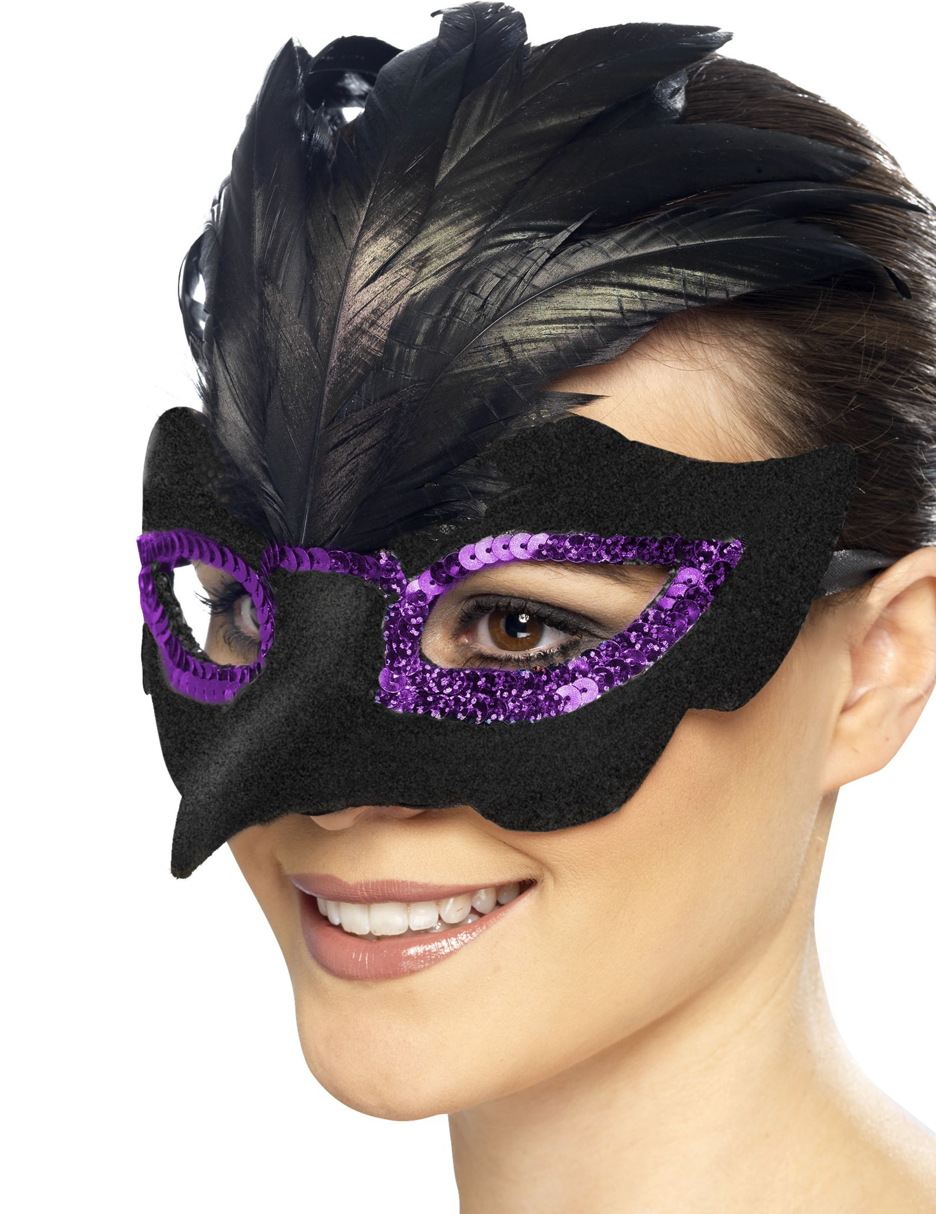 Loup corbeau noir avec sequins violets femme