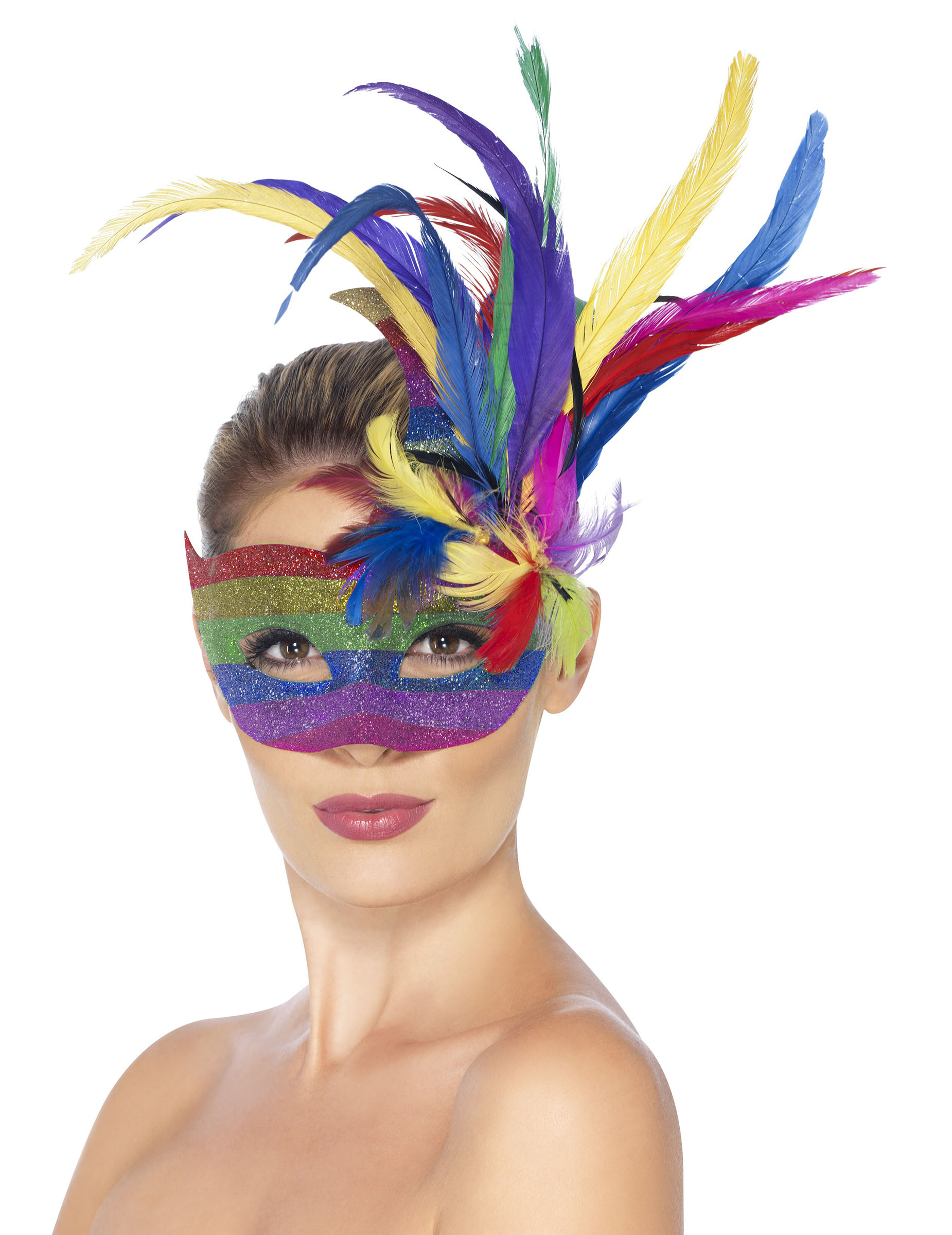 Loup carnaval arc-en-ciel avec plumes femme