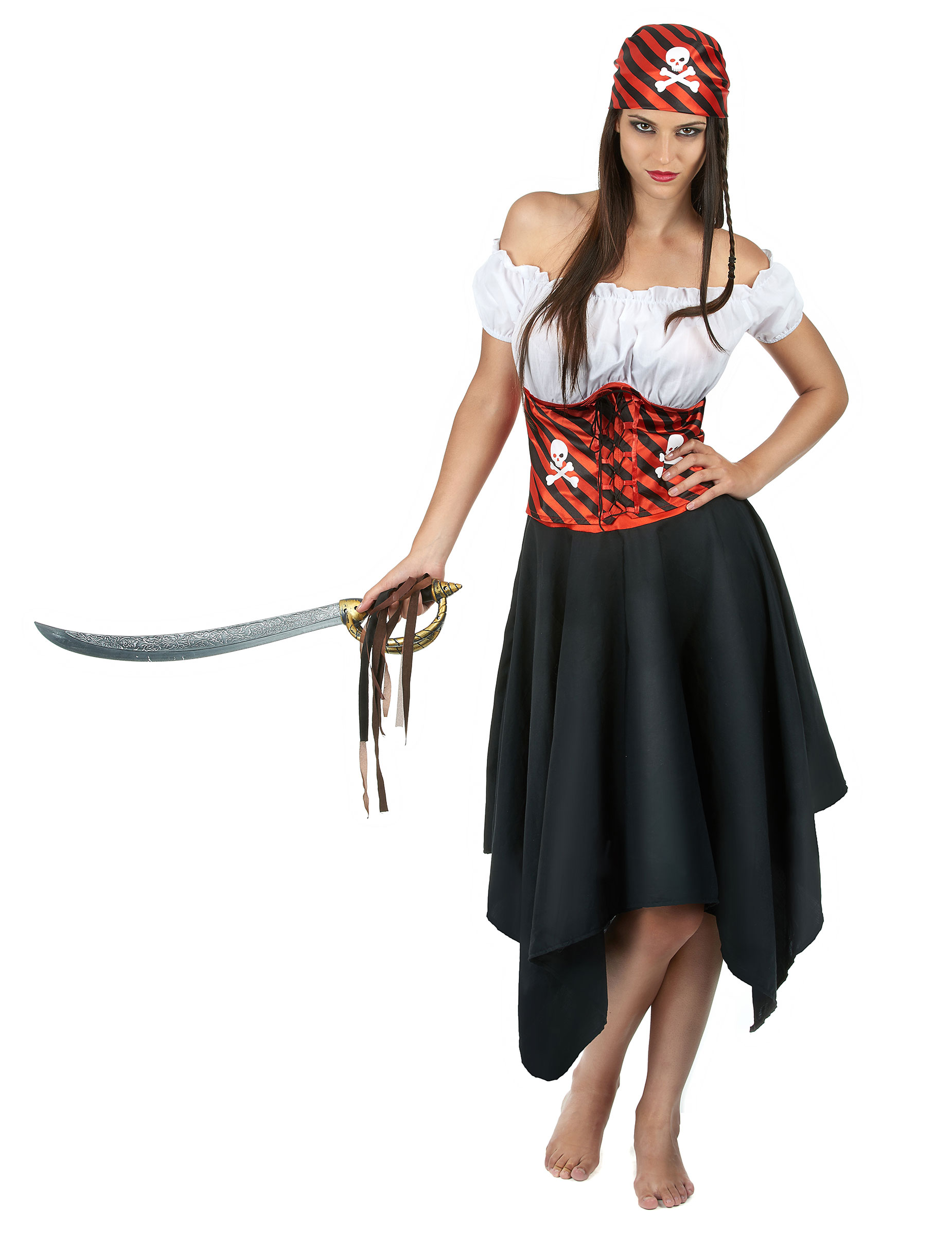 Déguisement pirate à rayures noires et rouges femme