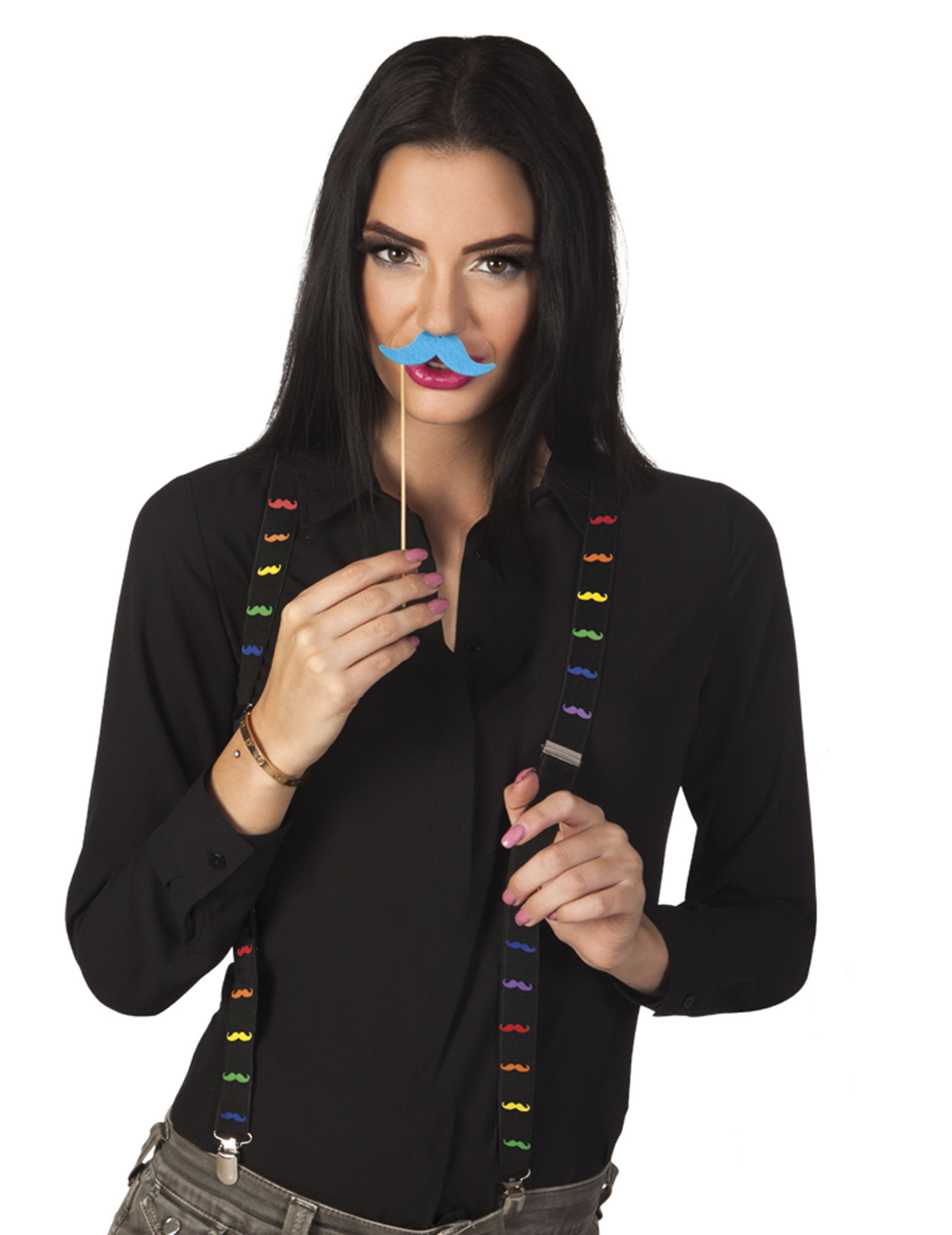 Bretelles noires avec moustaches fluos adulte