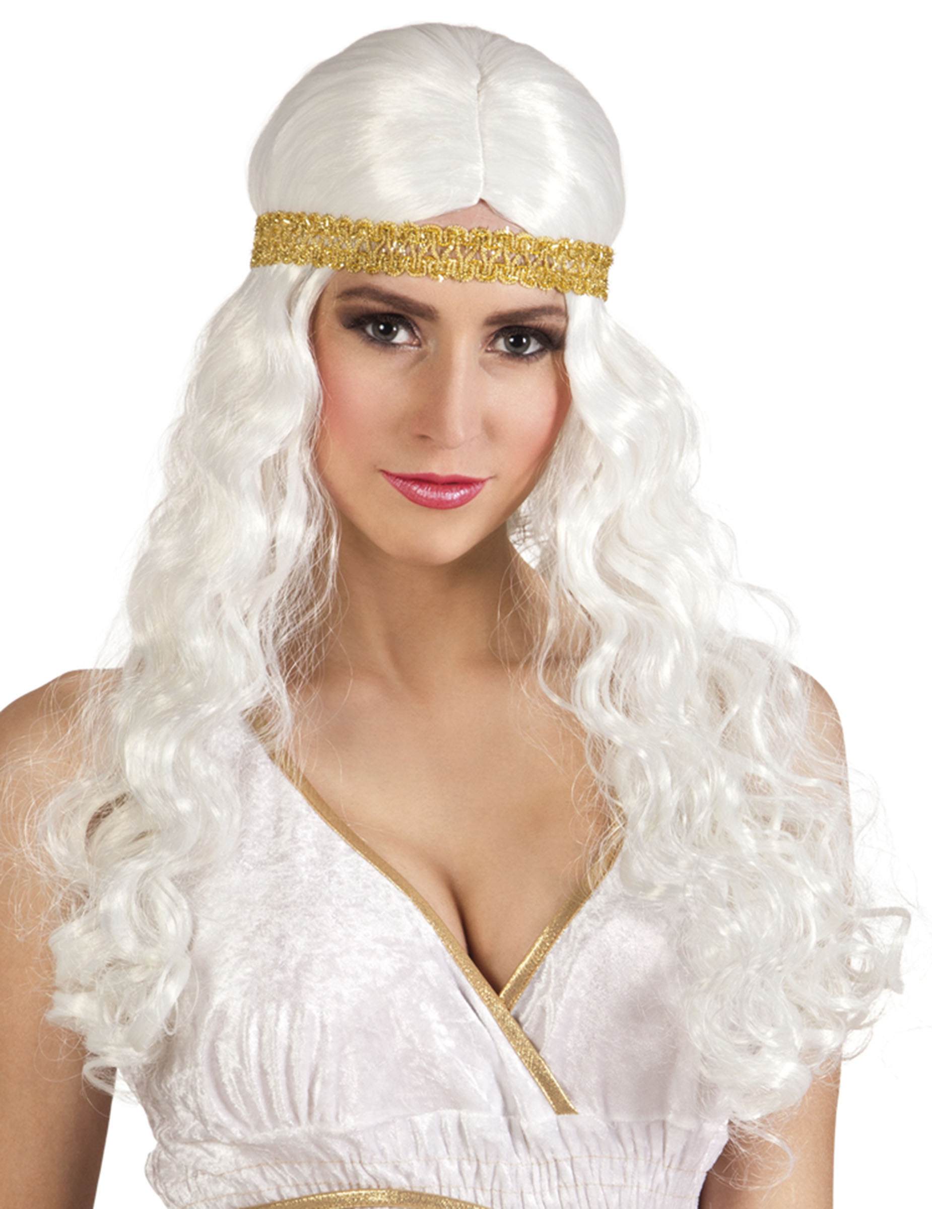 Perruque longue blanche avec bandeau femme