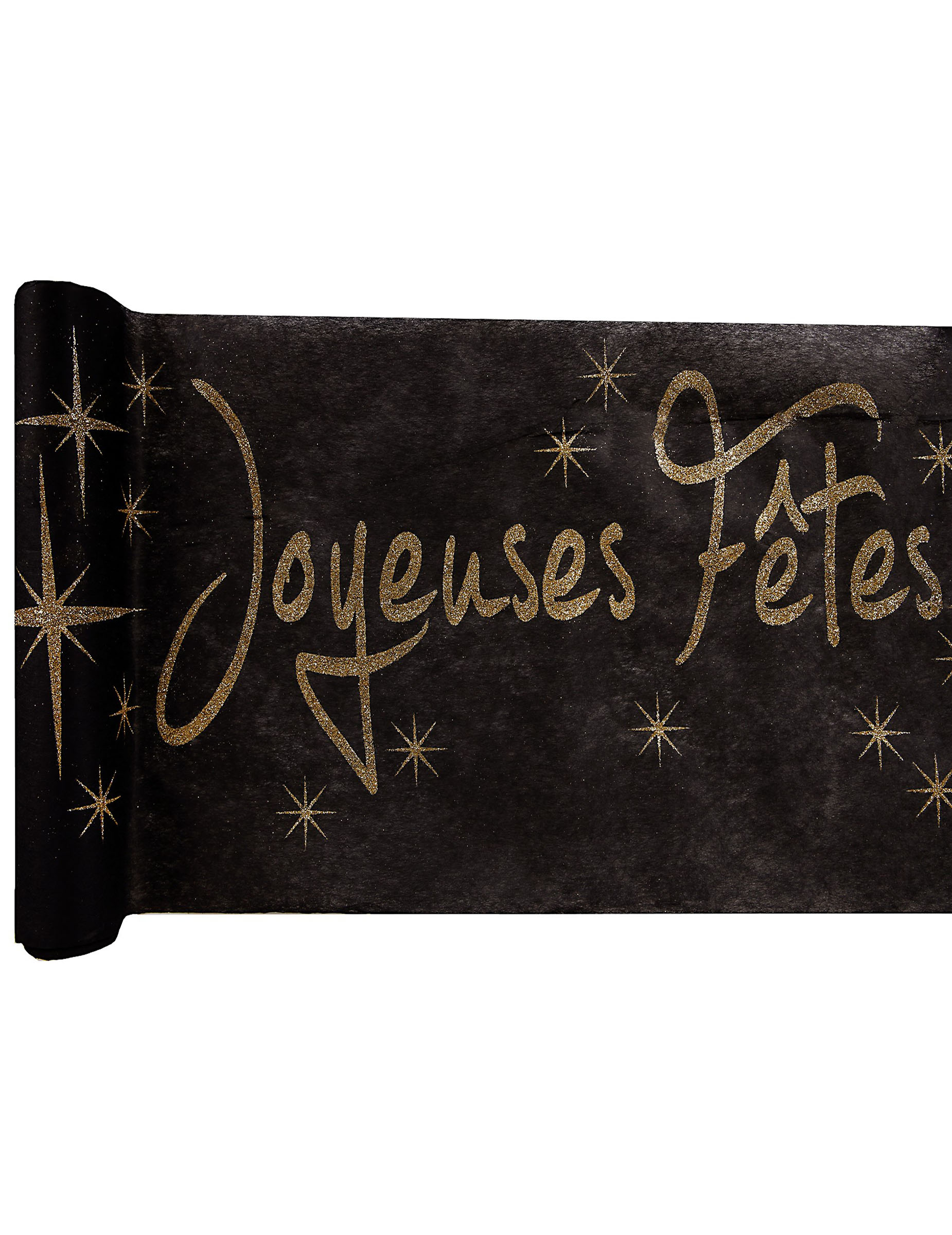 Chemin de table noir Joyeuses fêtes dorées