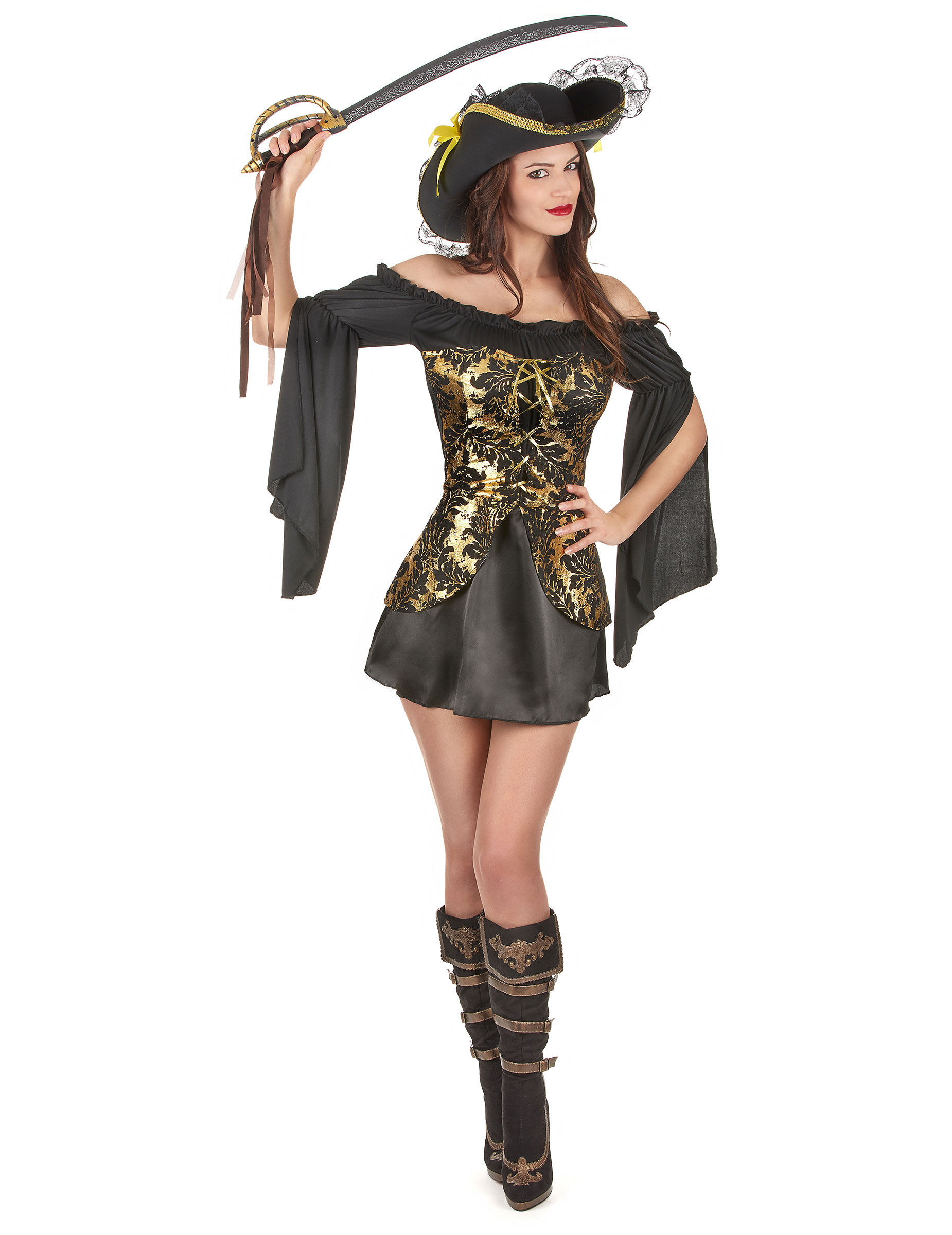 Déguisement Pirate noir et doré femme