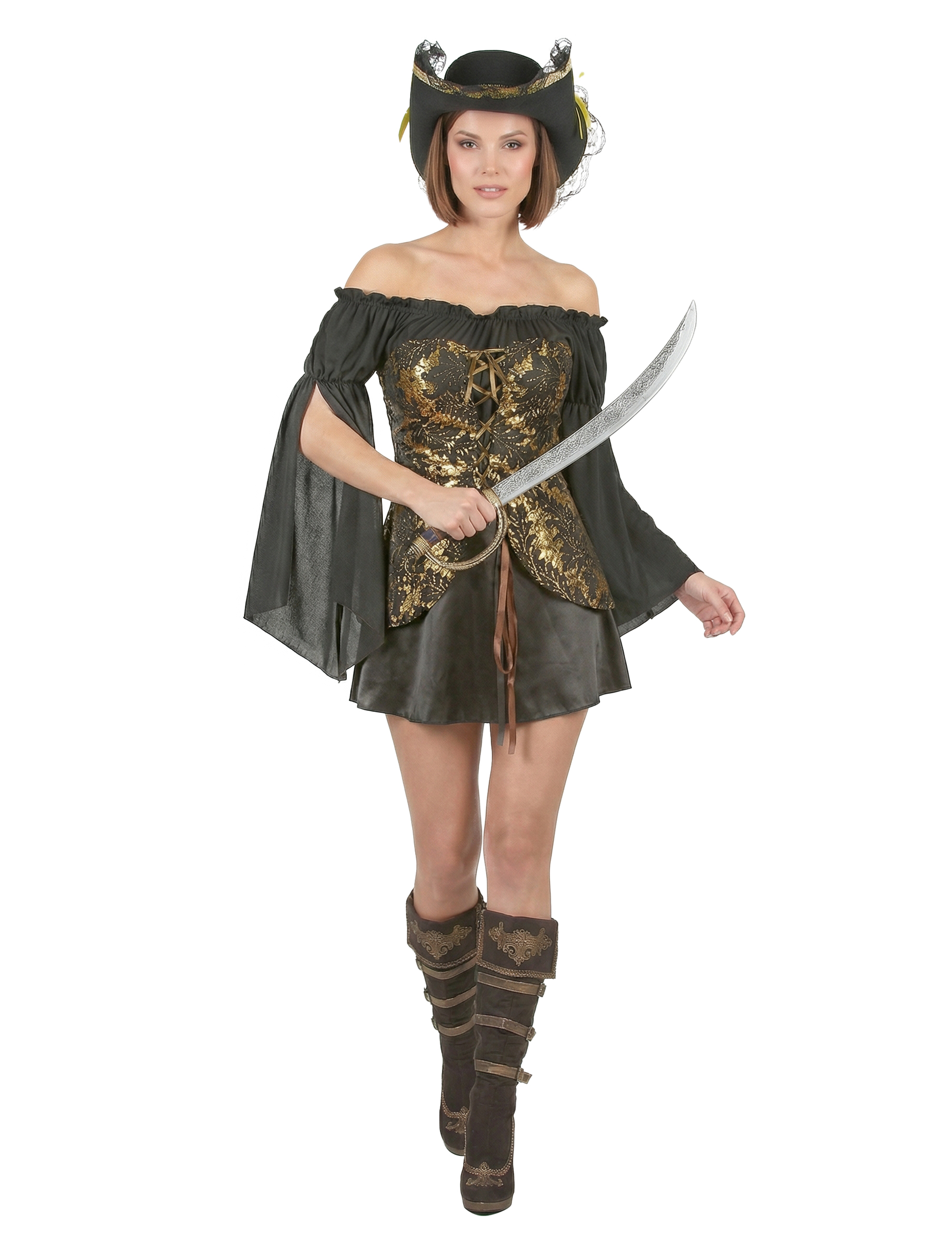 Déguisement Pirate noir et doré femme
