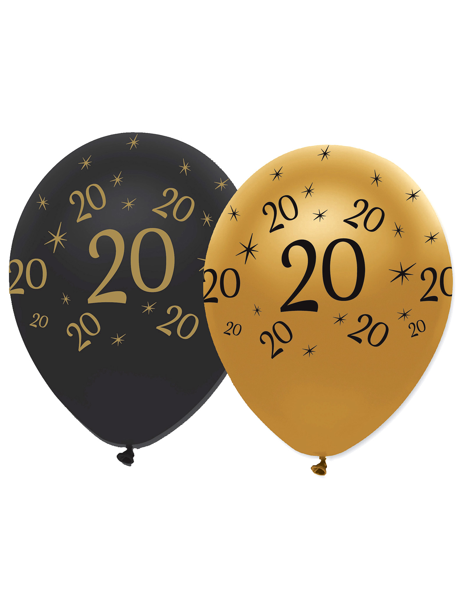 6 Ballons en latex 20 ans noirs et dorés 30 cm
