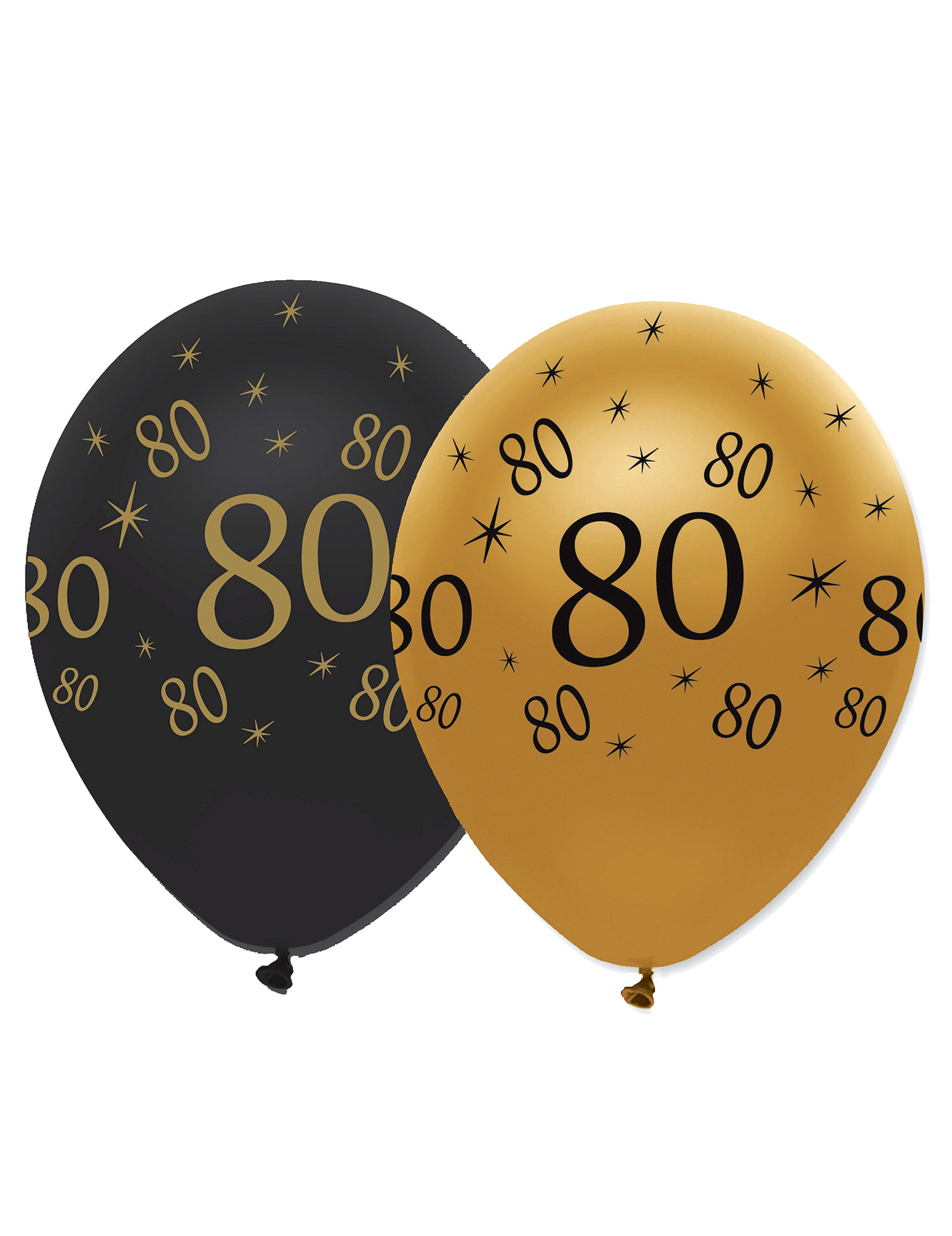 6 Ballons en latex 80 ans noirs et dorés 30 cm