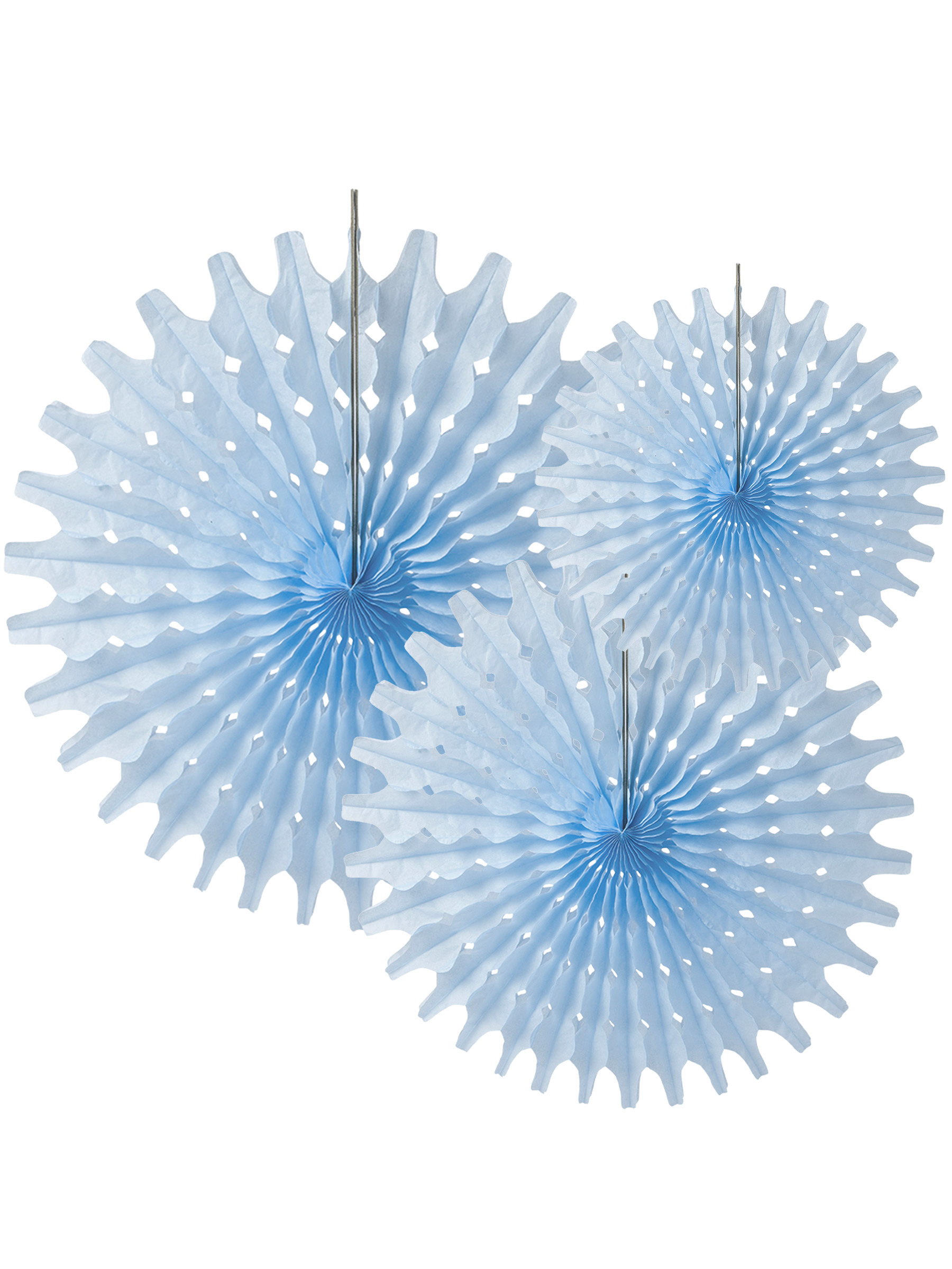 3 Rosaces éventails en papier bleu ciel 20, 25 et 30 cm