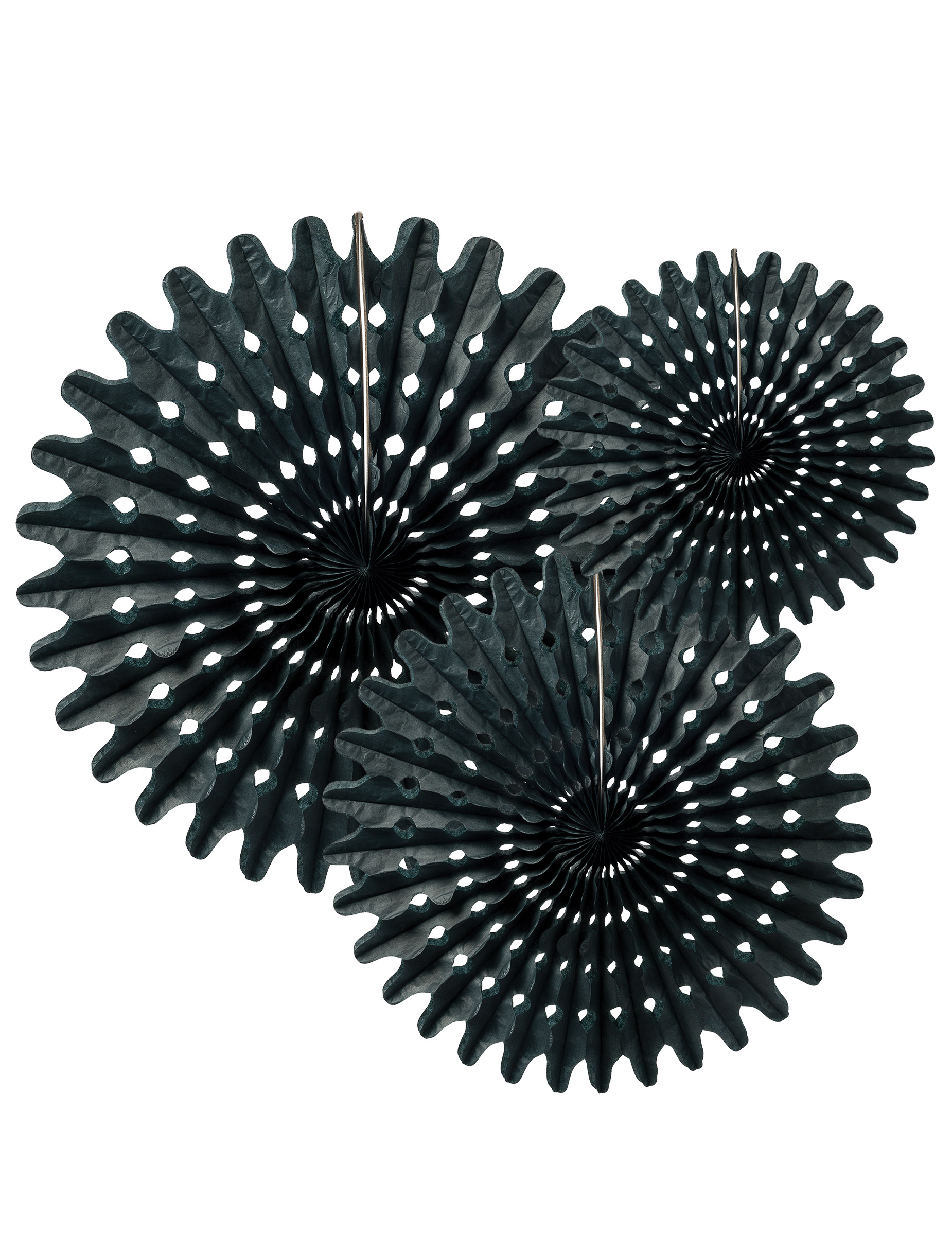 3 Rosaces éventails en papier noir 20, 25 et 30 cm