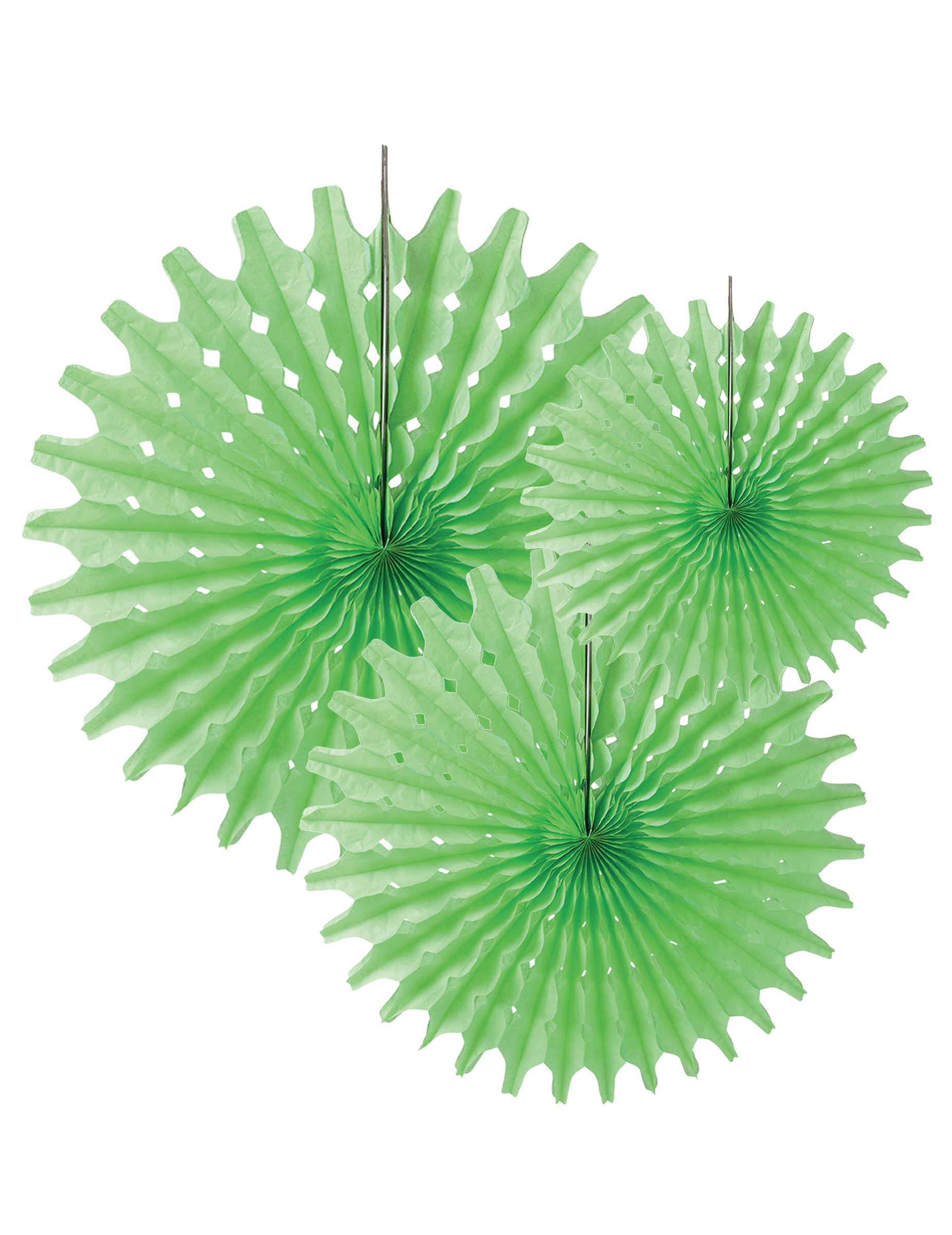 3 Rosaces éventails en papier vert anis 20, 25 et 30 cm