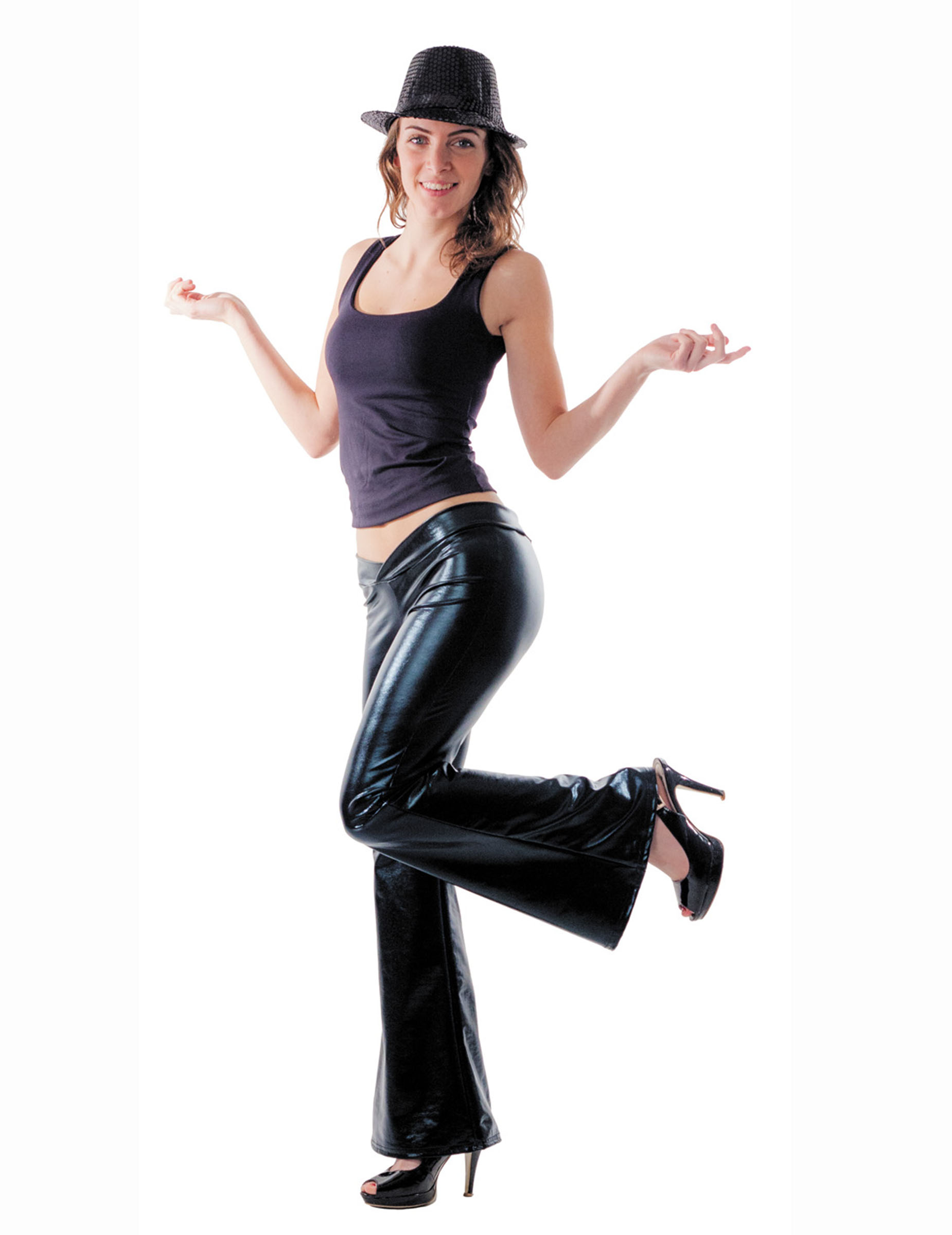 Pantalon disco noir satiné femme