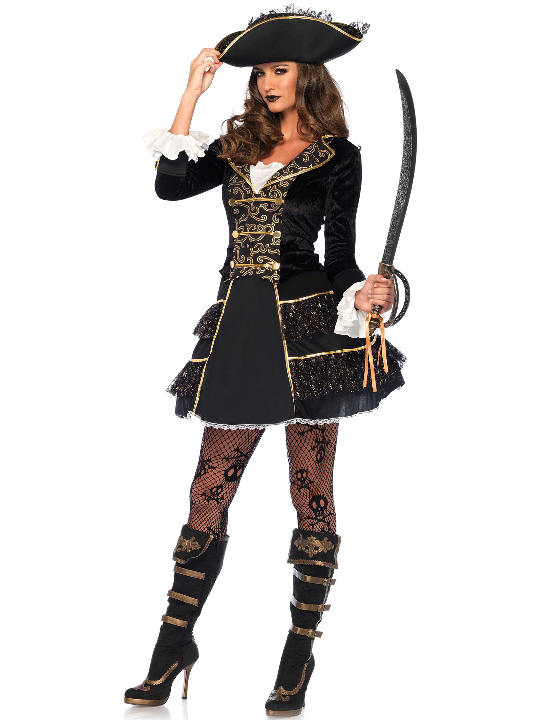 Déguisement capitaine pirate noir et or femme