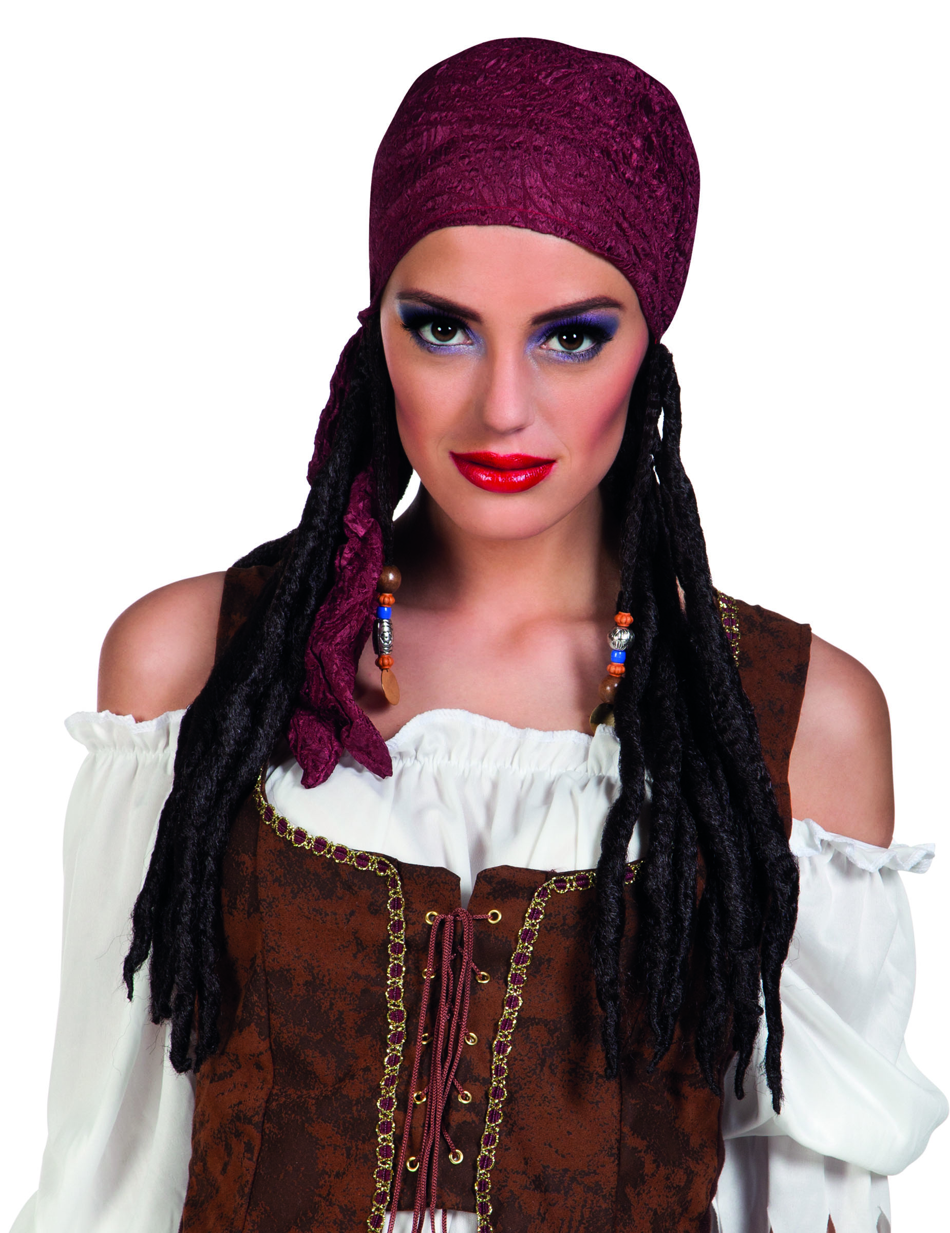 Perruque pirate avec bandana bordeaux femme