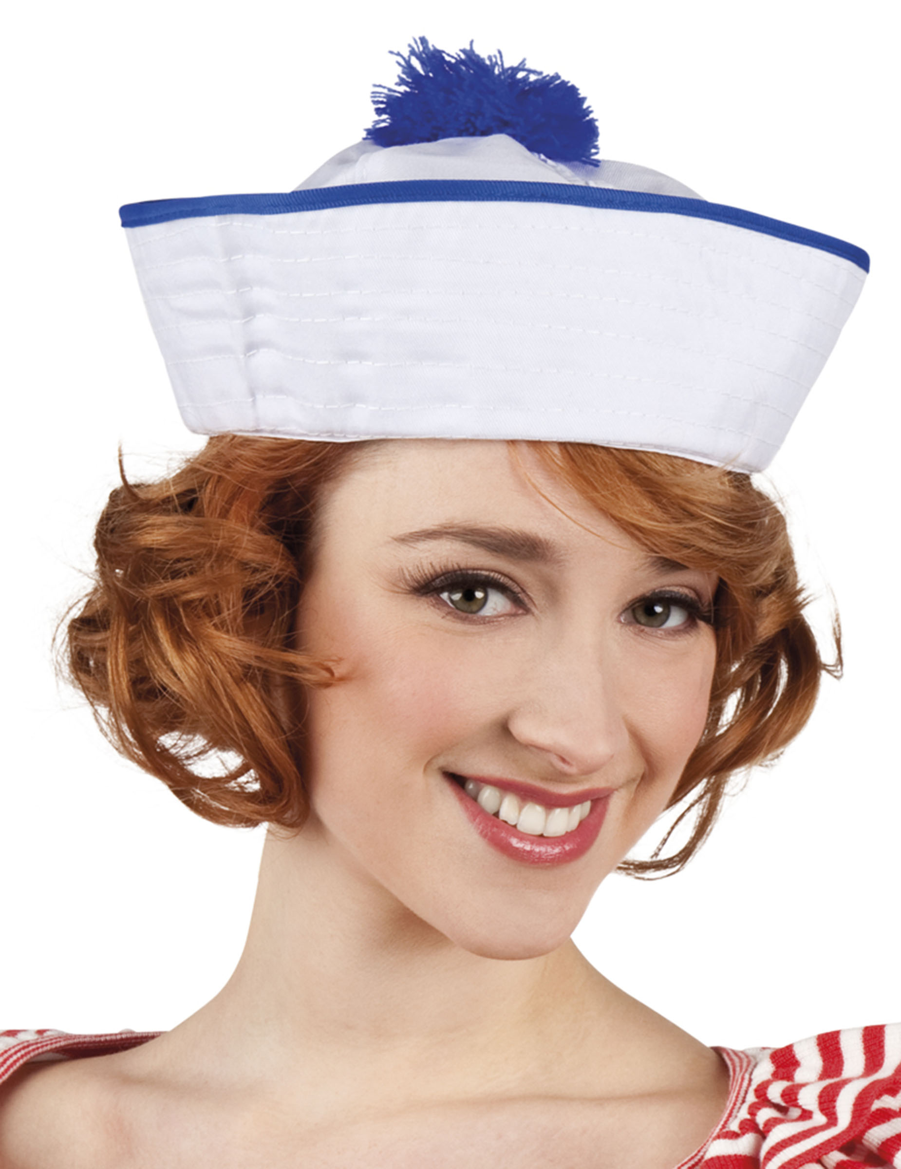 Chapeau marin blanc pompon bleu femme