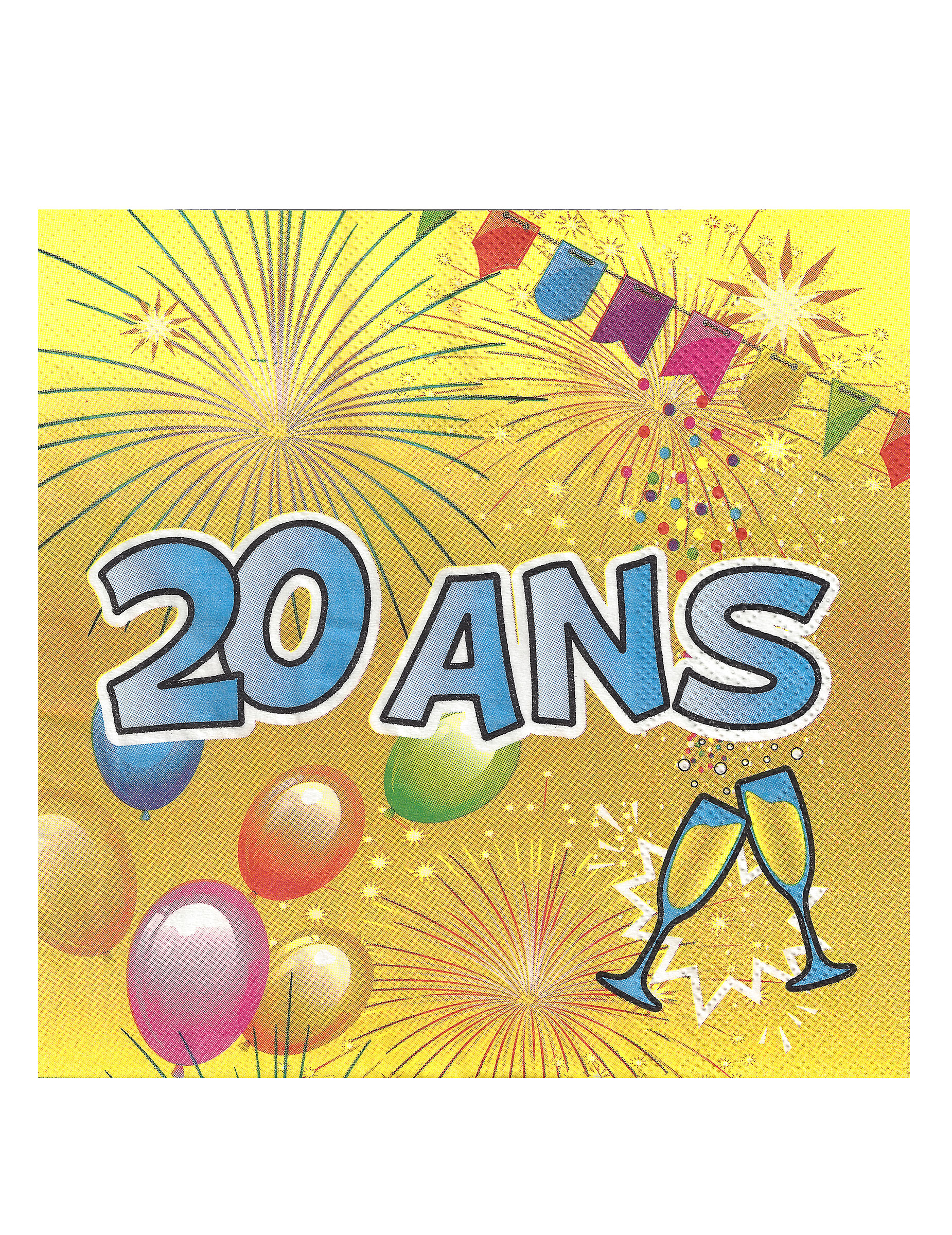 20 Serviettes en papier 20 ans Anniversaire Fiesta 33 cm