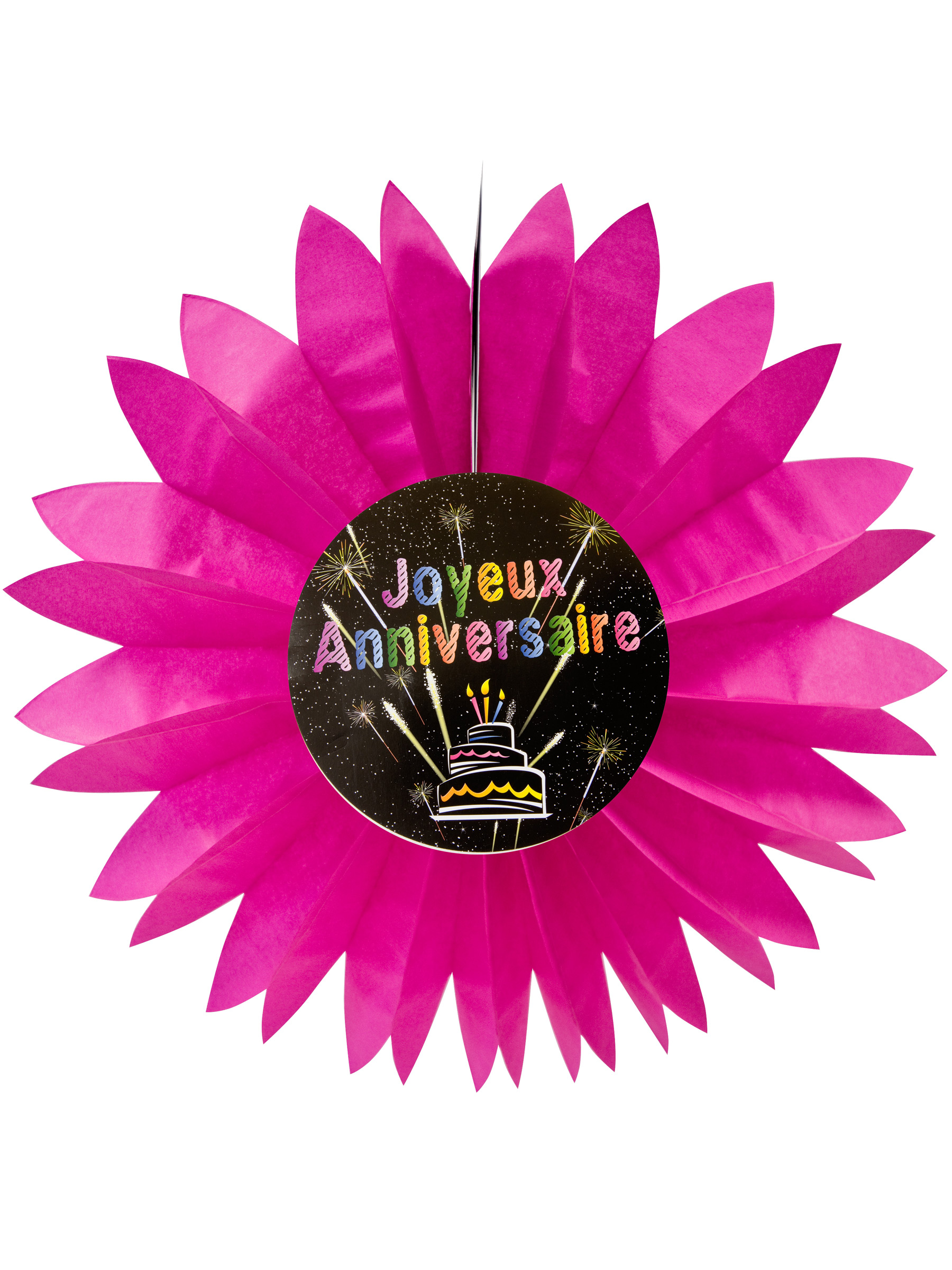 Eventail papier joyeux anniversaire Feux d'artifice rose 50 cm