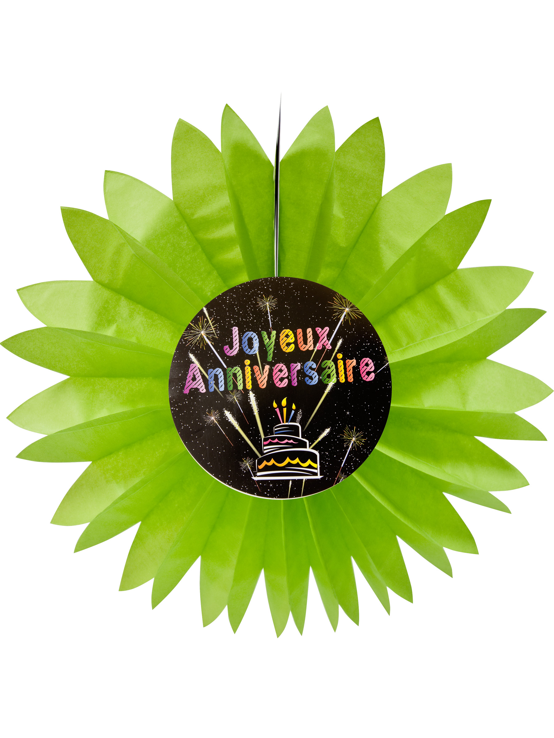 Eventail papier joyeux anniversaire Feux d'artifice vert 50 cm