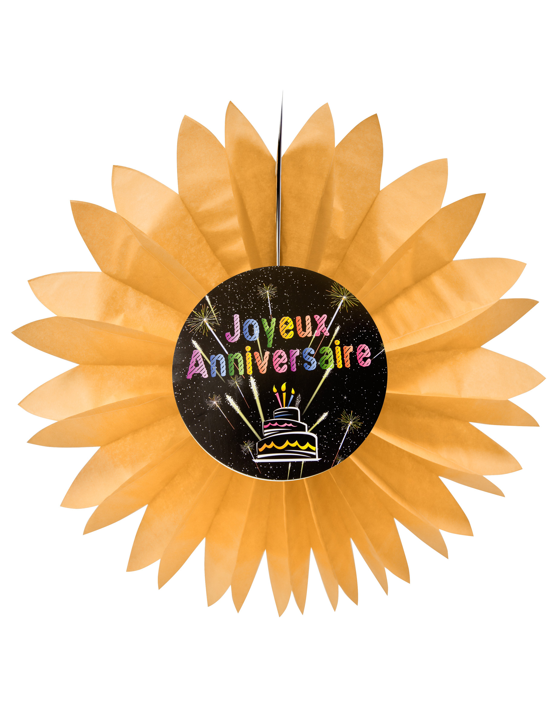Eventail papier joyeux anniversaire Feux d'artifice orange 50 cm