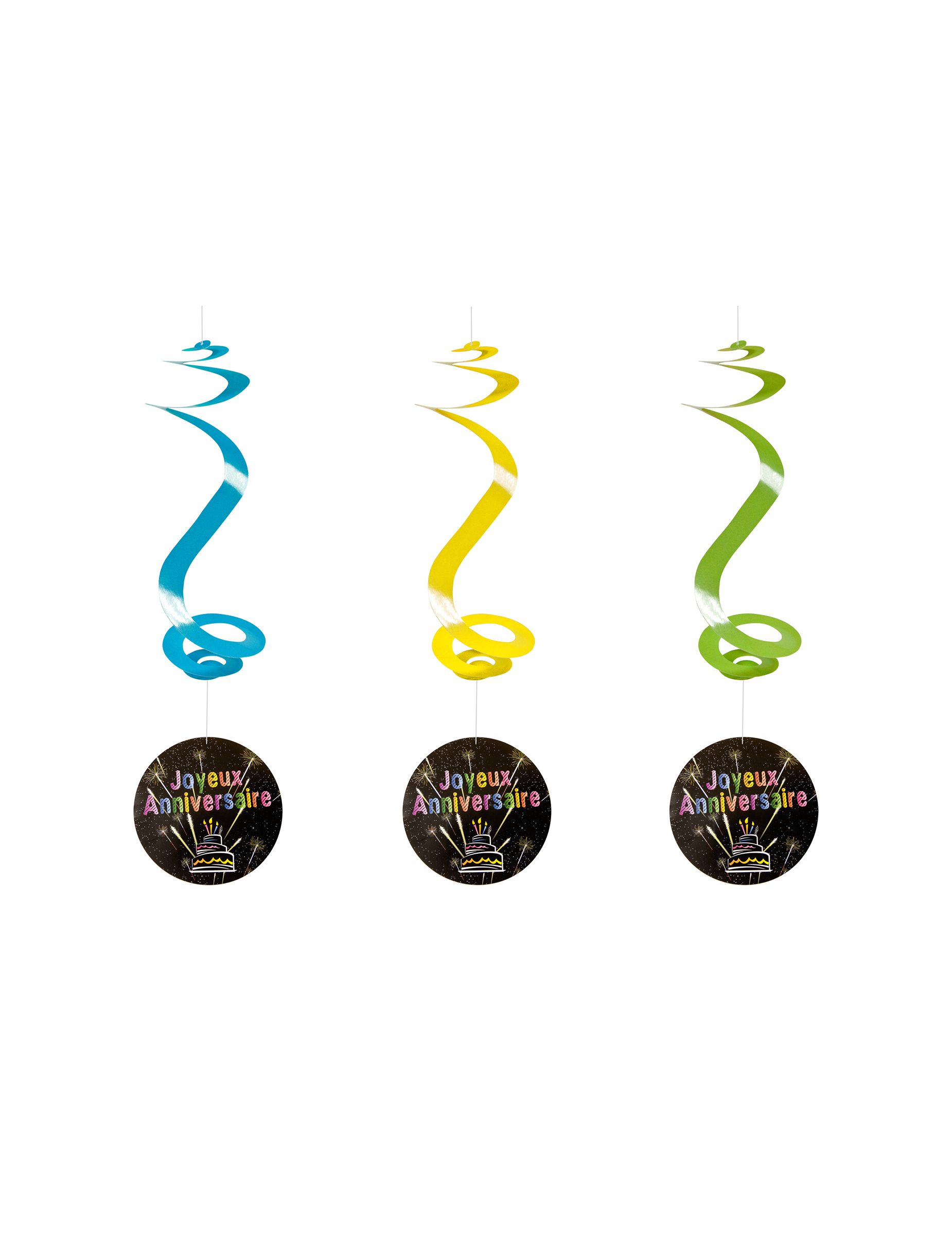 4 Suspensions spirales Joyeux Anniversaire feux d'artifice 60 cm