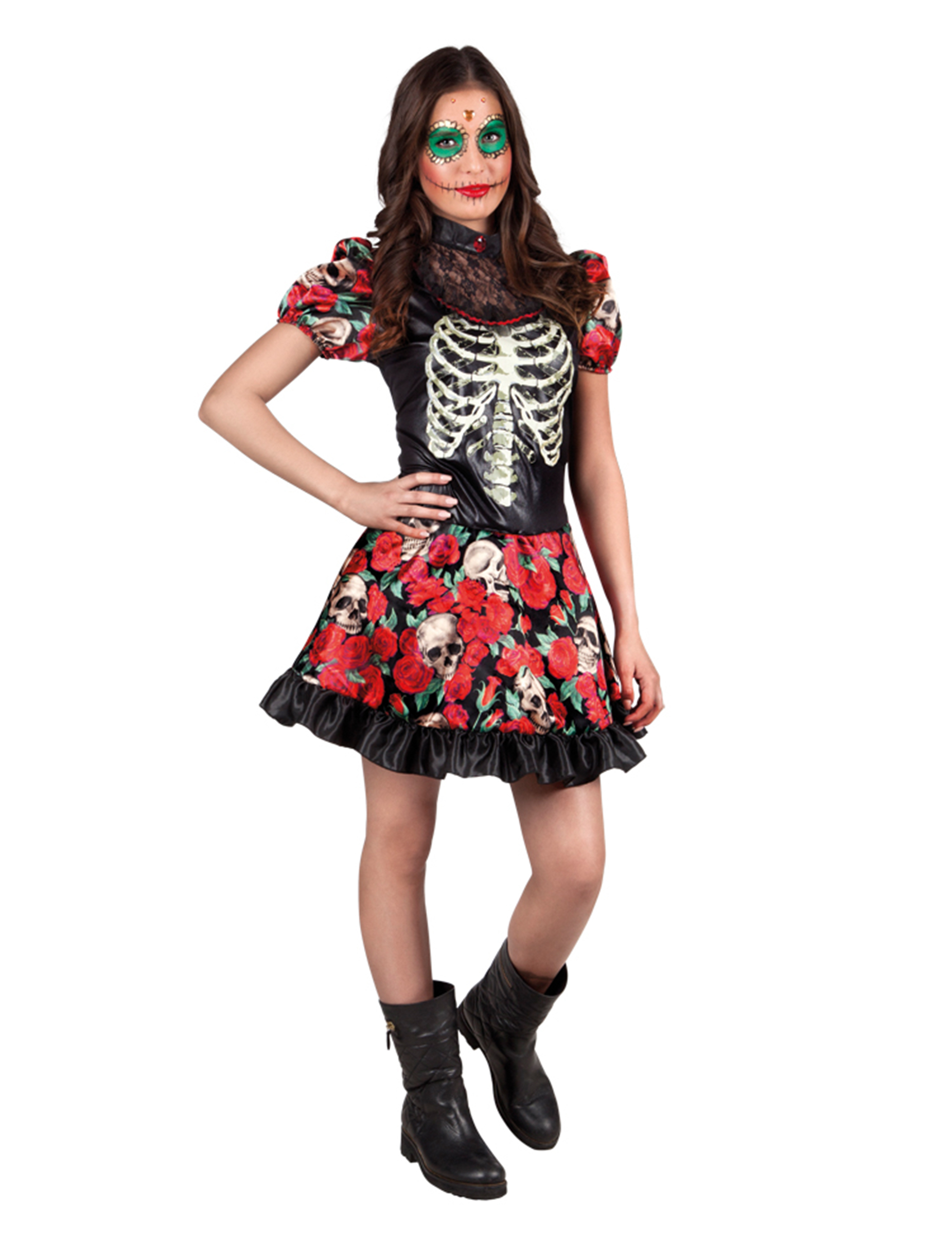 Déguisement squelette et roses adolescente Dia de los muertos