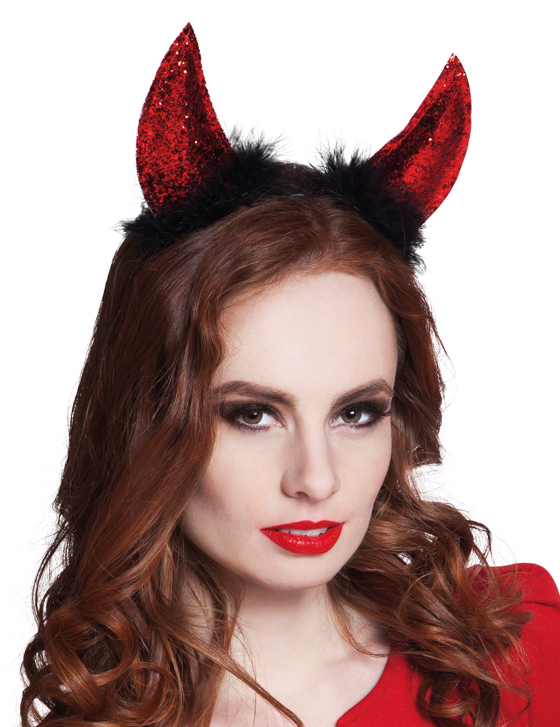 Cornes rouges paillettées avec plumettes adulte Halloween