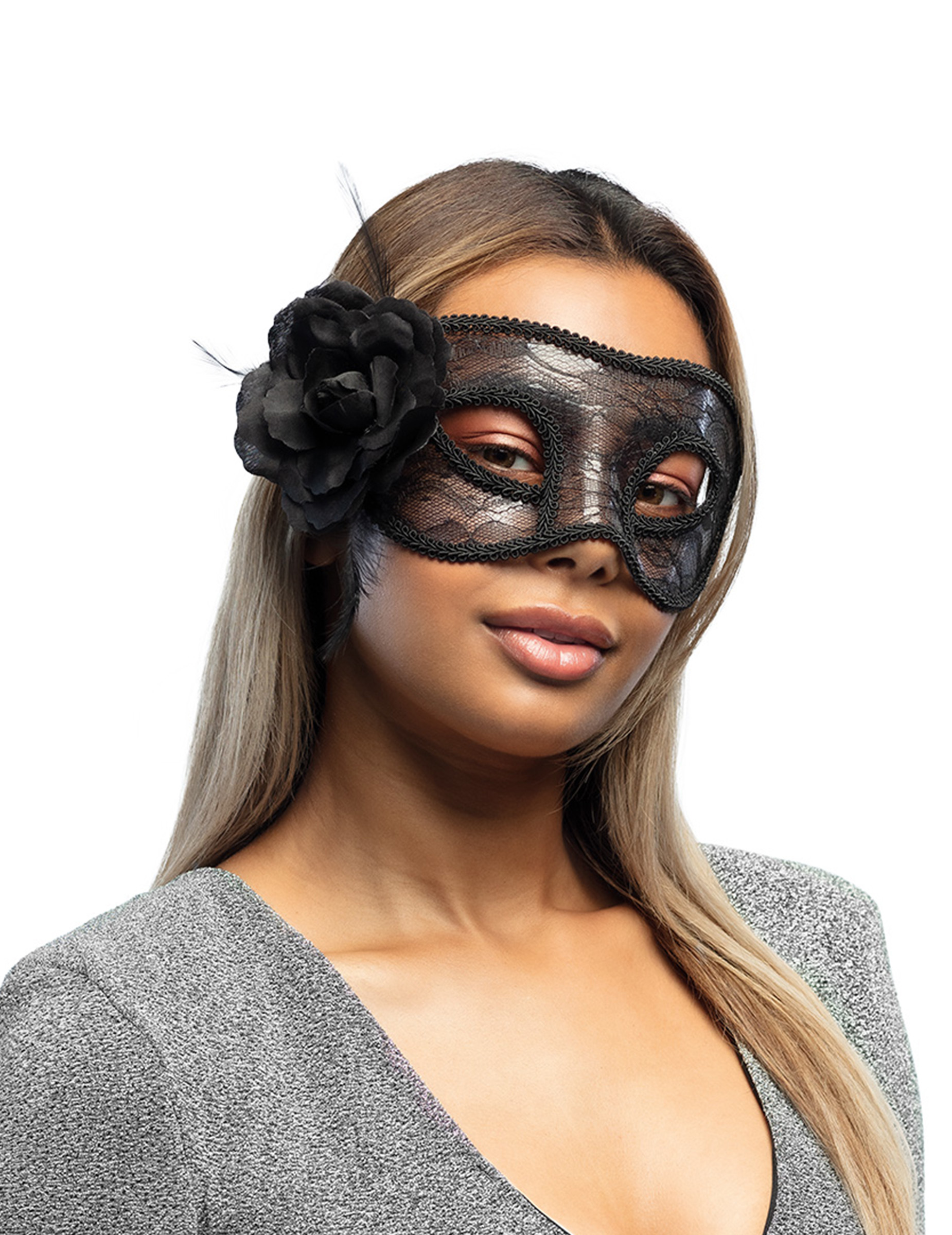 Loup dentelle noir avec rose femme