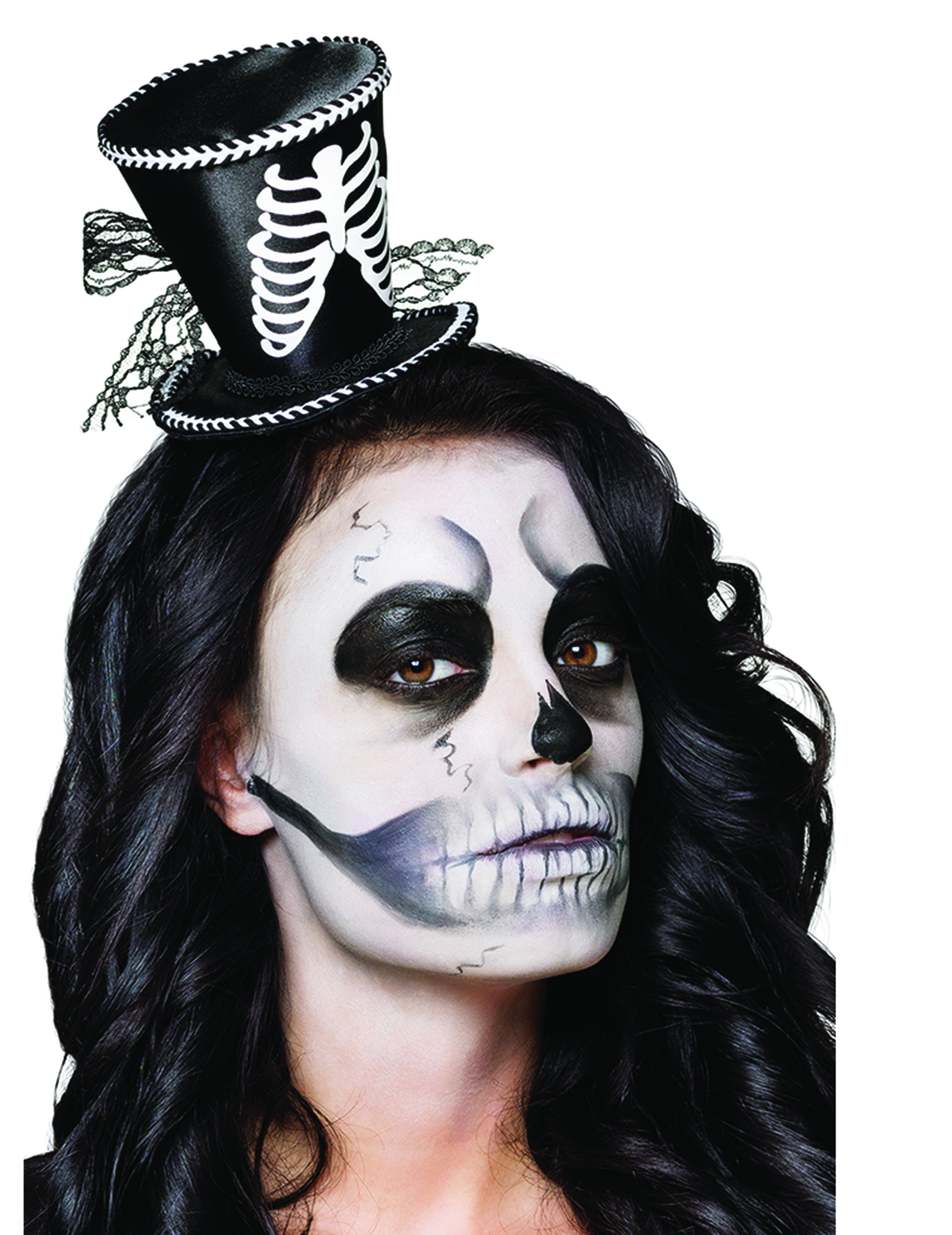 Mini chapeau haut de forme squelette femme Halloween