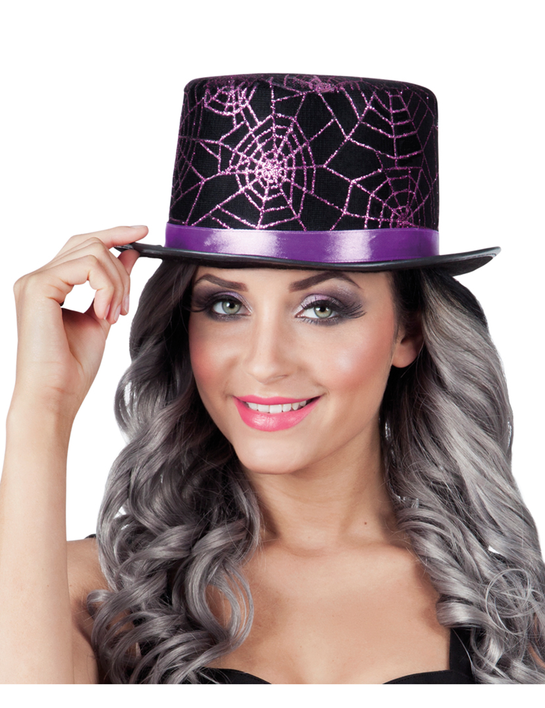 Chapeau haut de forme toile d'araignées violettes adulte Halloween