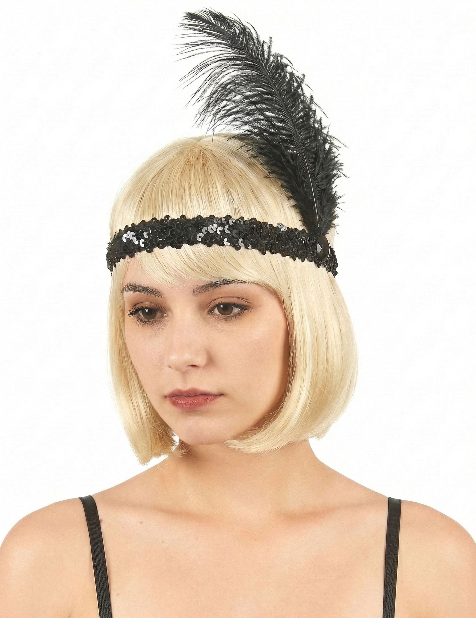 Bandeau Charleston à sequins et plume noir femme