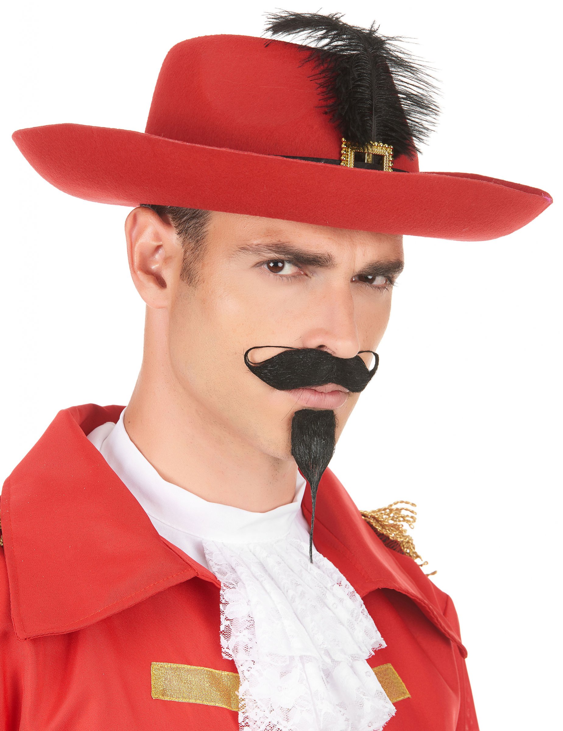 Chapeau mousquetaire rouge bande et plume noires adulte