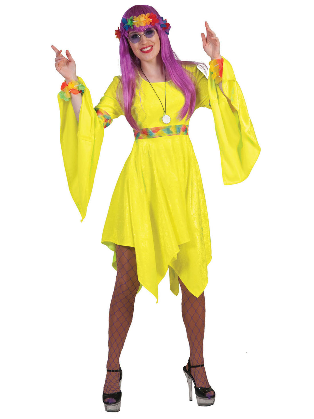 Déguisement hippie jaune fluo femme