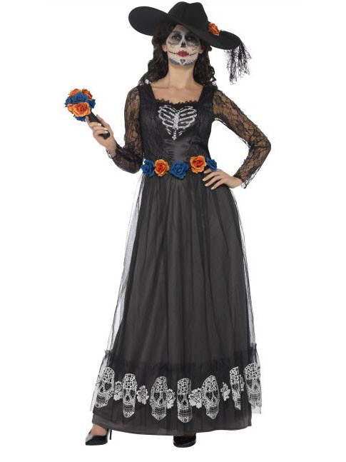 Déguisement mariée robe longue noire femme Dia de los muertos