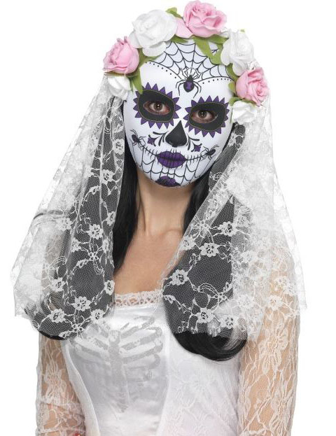Masque squelette avec roses blanches adulte Dia de los muertos