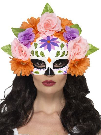 Demi masque roses multicolores adulte Dia de los muertos