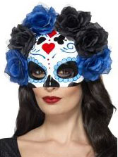 Demi masque atouts avec roses noires et bleues adulte Dia de los muertos