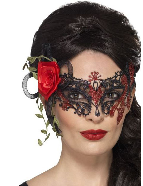 Loup dentelle noir et rouge femme Dia de los muertos