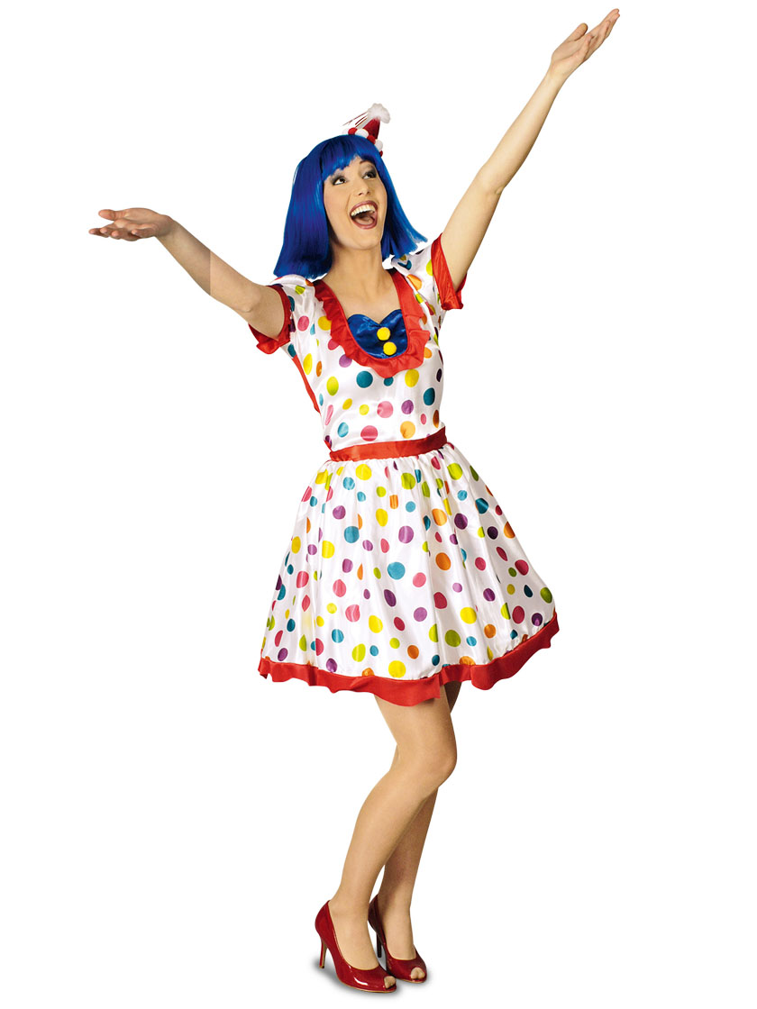 Déguisement clown blanc à pois multicolores femme